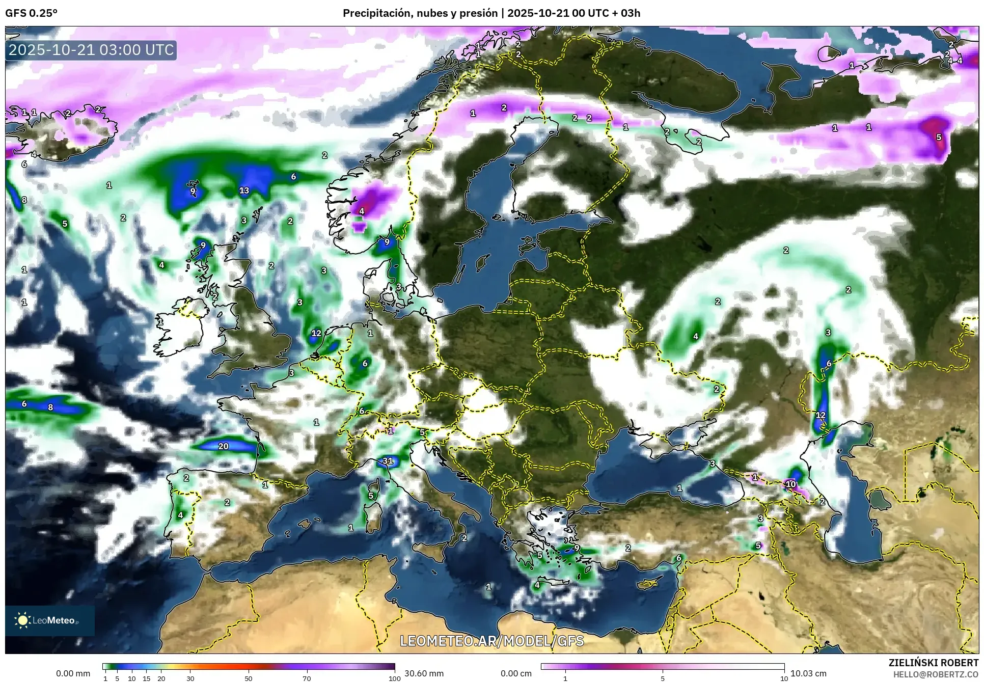 GFS model - Europa, Precipitación, nubes y presión GFS model - Europa, Precipitación, nubes y presión