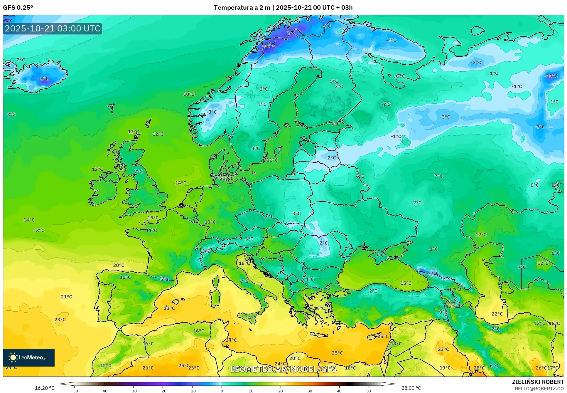 GFS model - Europa, Temperatura a 2 m GFS model - Europa, Temperatura a 2 m