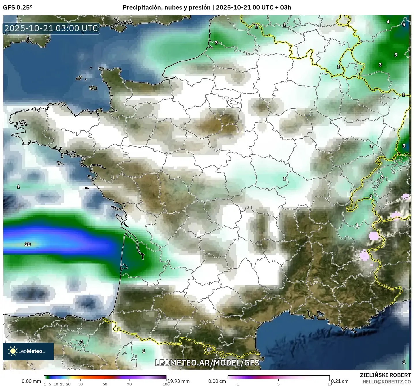 GFS model - Francia, Precipitación, nubes y presión GFS model - Francia, Precipitación, nubes y presión