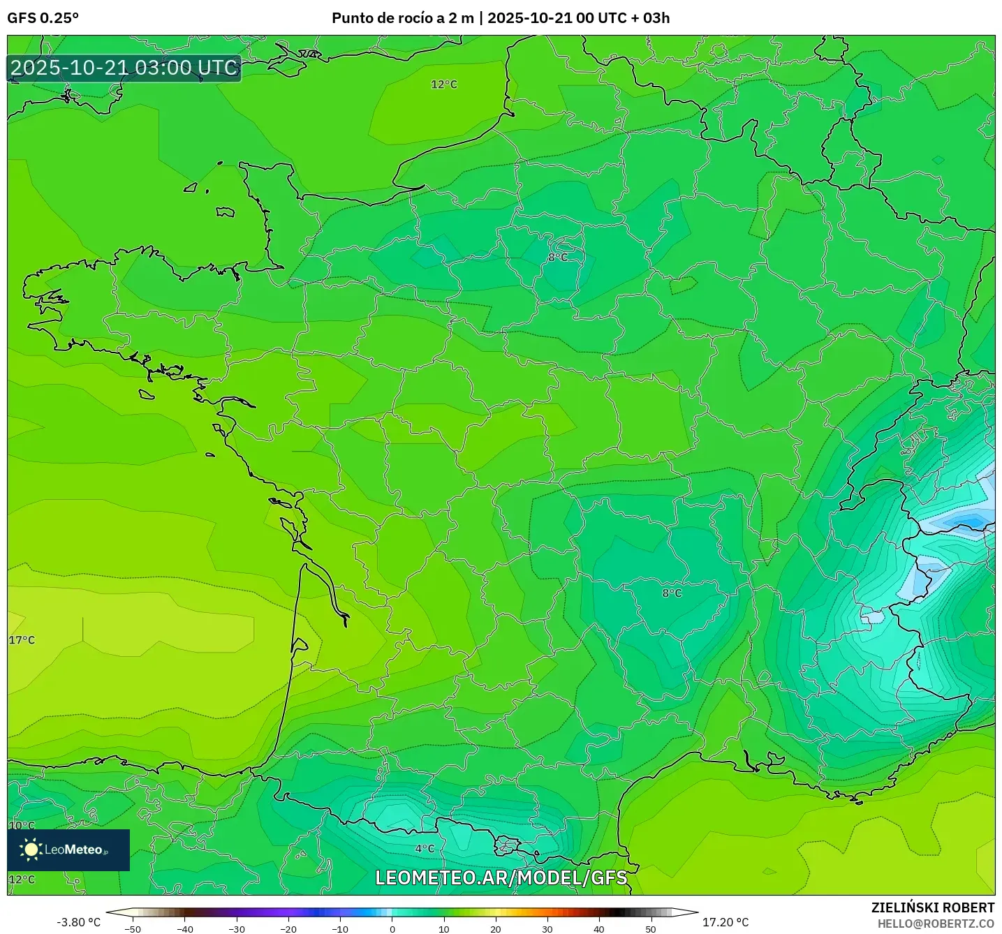 GFS model - Francia, Punto de rocío a 2 m GFS model - Francia, Punto de rocío a 2 m