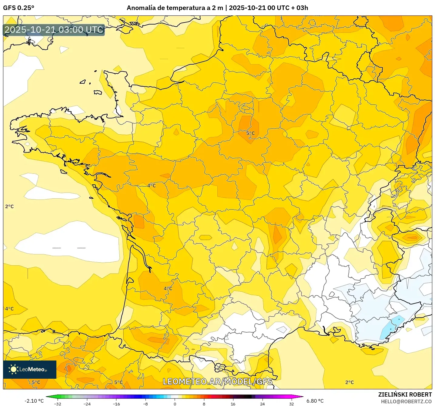 GFS model - Francia, Anomalía de temperatura a 2 m GFS model - Francia, Anomalía de temperatura a 2 m
