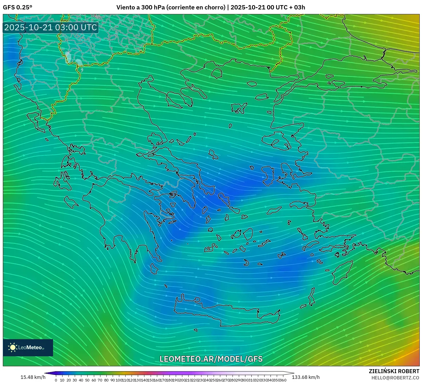 GFS model - Grecia, Viento a 300 hPa (corriente en chorro) GFS model - Grecia, Viento a 300 hPa (corriente en chorro)