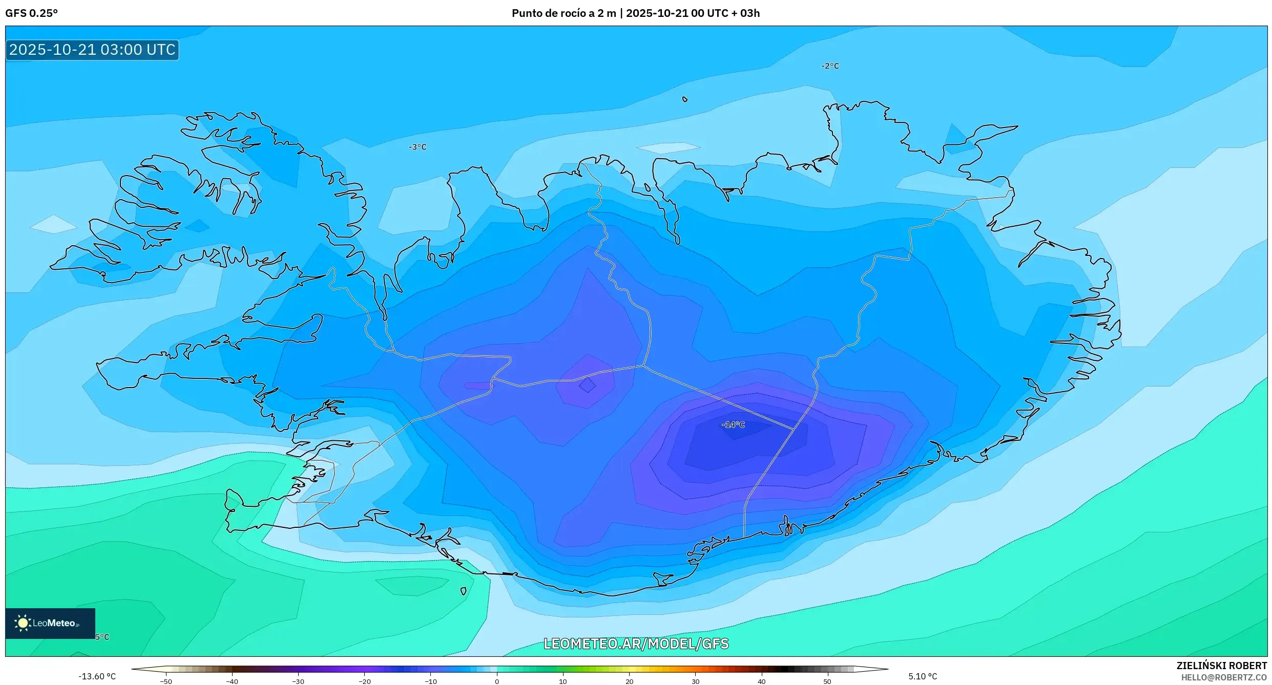GFS model - Islandia, Punto de rocío a 2 m GFS model - Islandia, Punto de rocío a 2 m