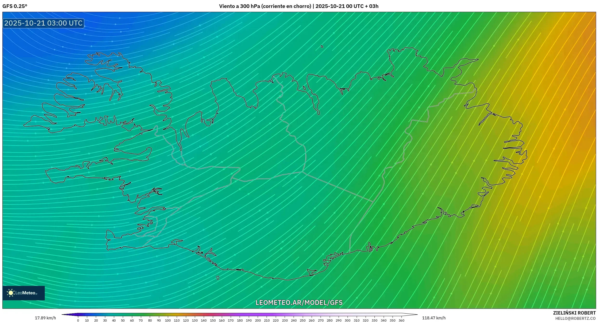 GFS model - Islandia, Viento a 300 hPa (corriente en chorro) GFS model - Islandia, Viento a 300 hPa (corriente en chorro)