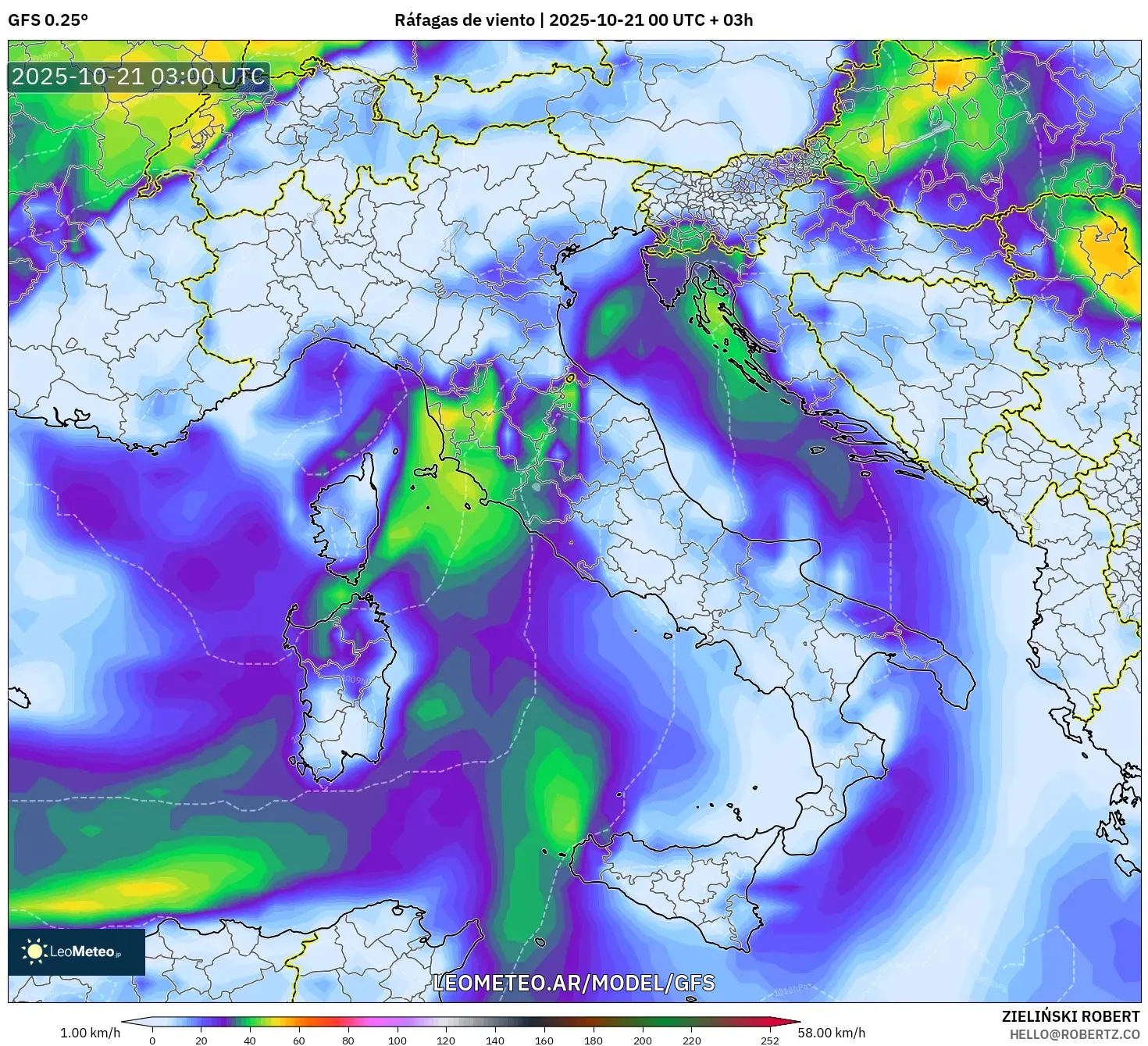 GFS model - Italia, Ráfagas de viento GFS model - Italia, Ráfagas de viento