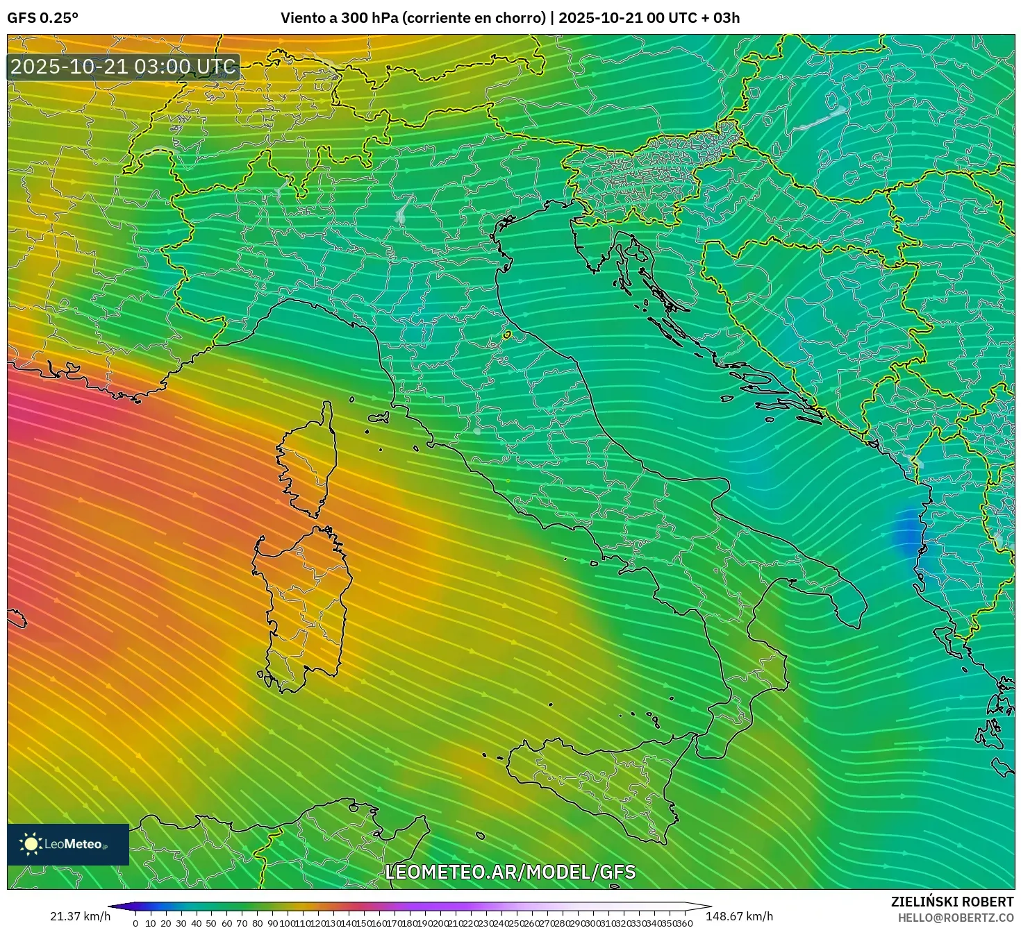 GFS model - Italia, Viento a 300 hPa (corriente en chorro) GFS model - Italia, Viento a 300 hPa (corriente en chorro)