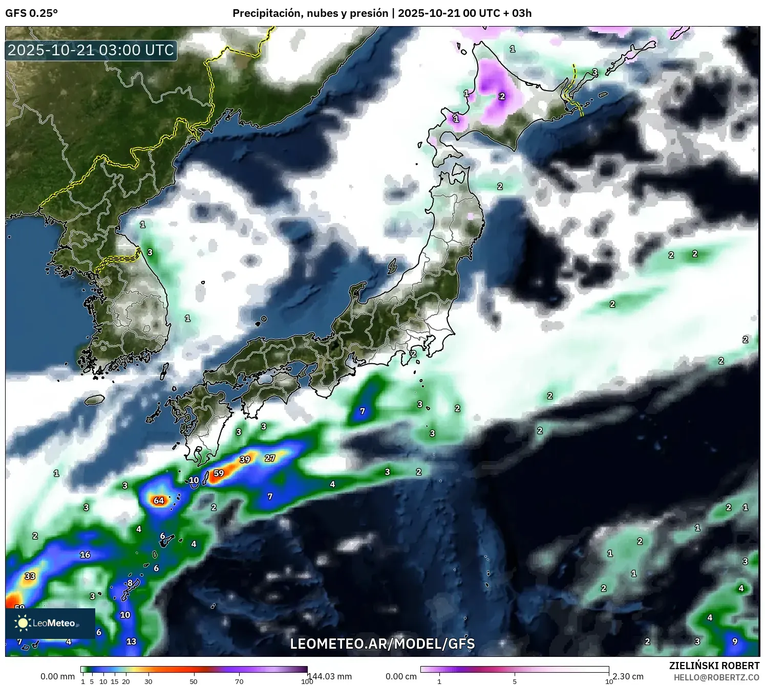 GFS model - Japón, Precipitación, nubes y presión GFS model - Japón, Precipitación, nubes y presión