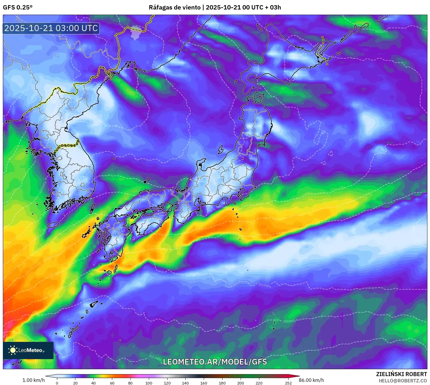 GFS model - Japón, Ráfagas de viento GFS model - Japón, Ráfagas de viento