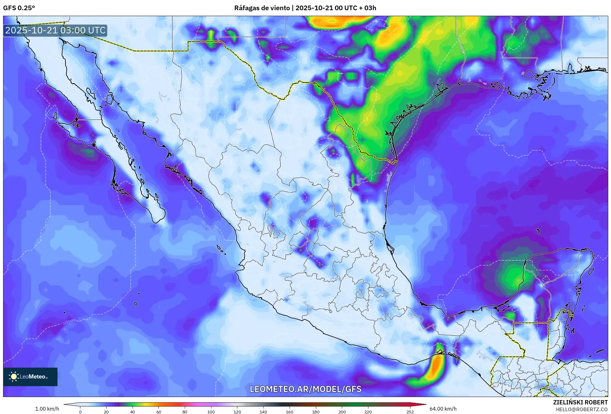 GFS model - México, Ráfagas de viento GFS model - México, Ráfagas de viento