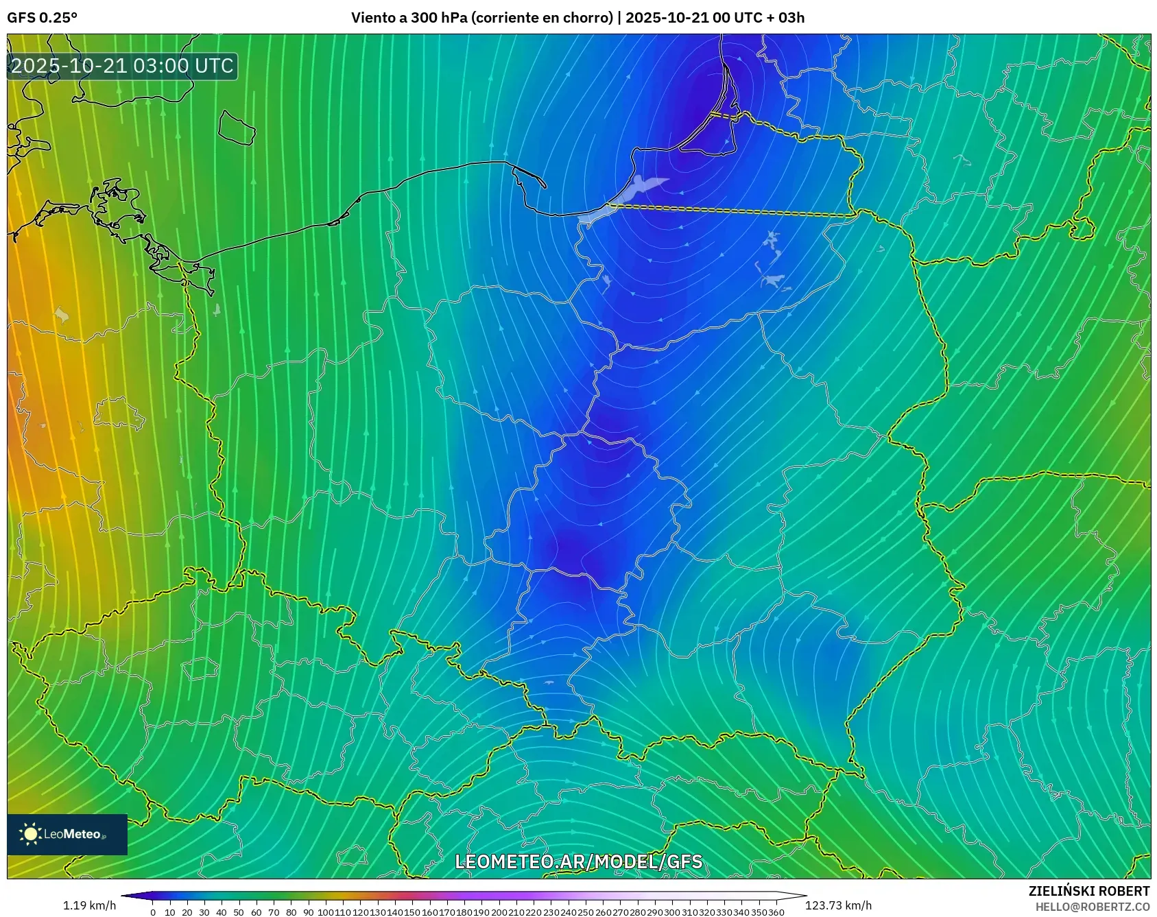 GFS model - Polonia, Viento a 300 hPa (corriente en chorro) GFS model - Polonia, Viento a 300 hPa (corriente en chorro)
