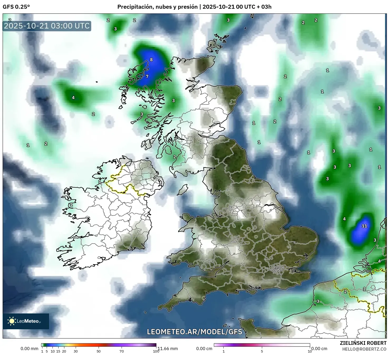 GFS model - Reino Unido, Precipitación, nubes y presión GFS model - Reino Unido, Precipitación, nubes y presión