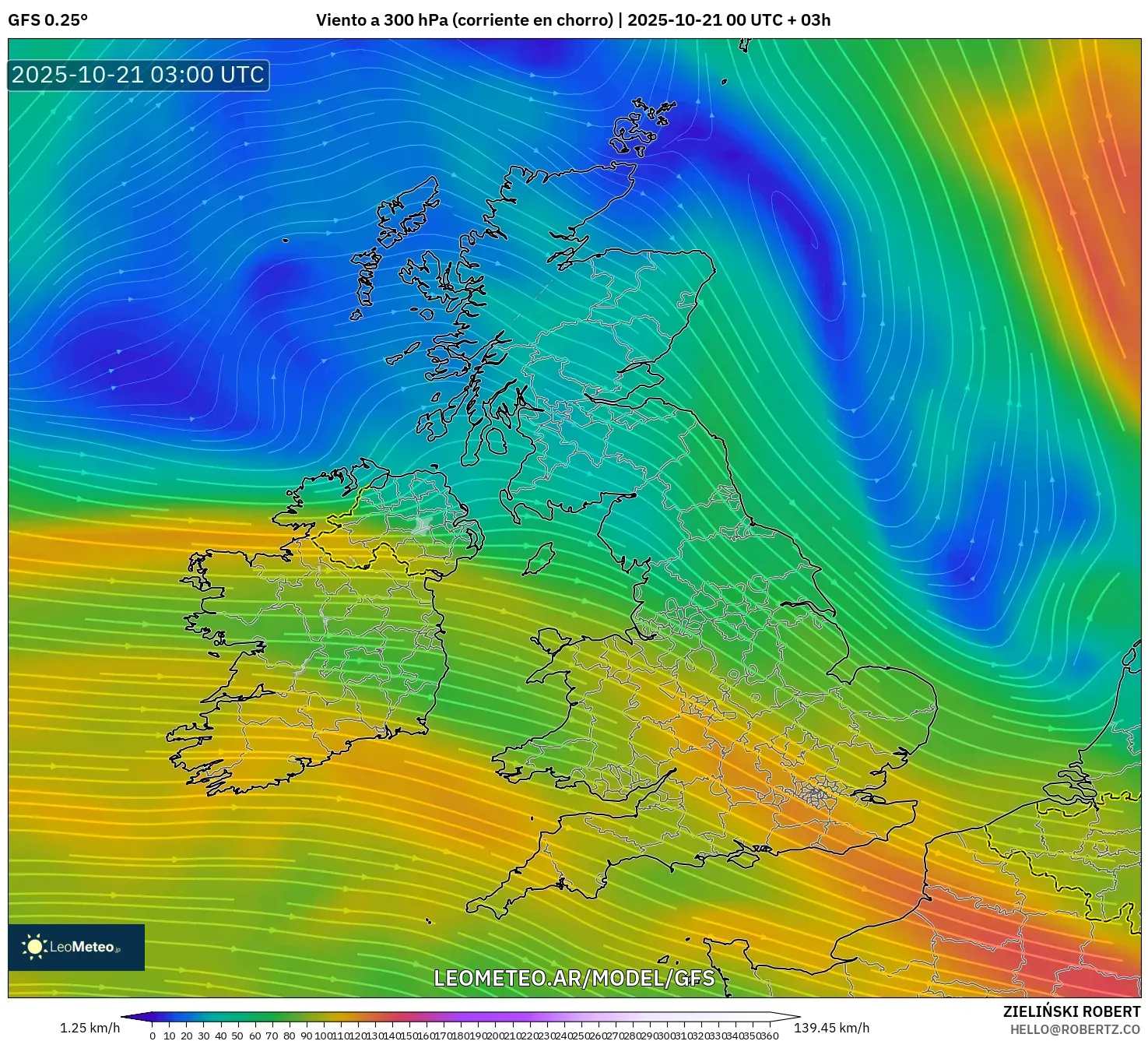 GFS model - Reino Unido, Viento a 300 hPa (corriente en chorro) GFS model - Reino Unido, Viento a 300 hPa (corriente en chorro)