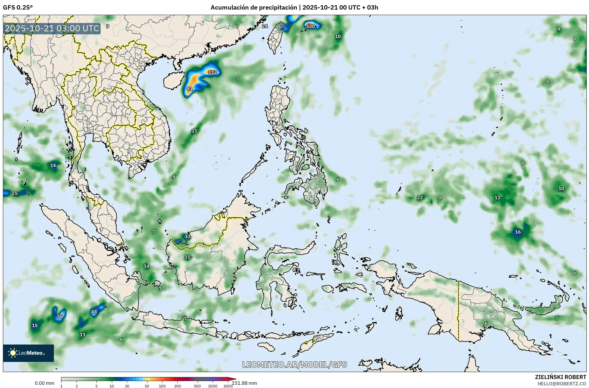GFS model - Sudeste Asiático, Acumulación de precipitación GFS model - Sudeste Asiático, Acumulación de precipitación