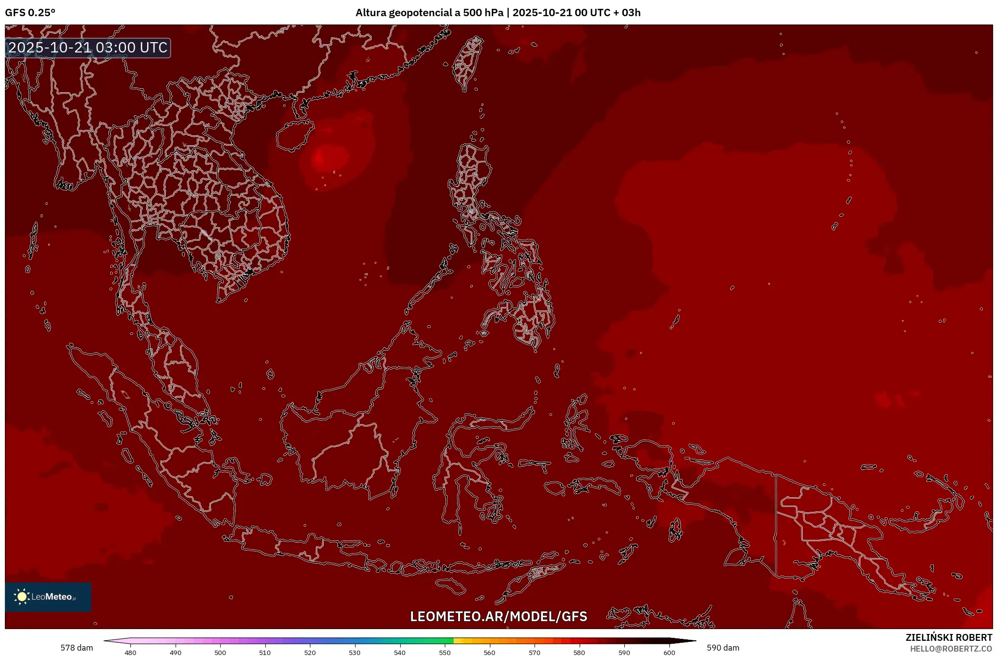 GFS model - Sudeste Asiático, Altura geopotencial a 500 hPa GFS model - Sudeste Asiático, Altura geopotencial a 500 hPa