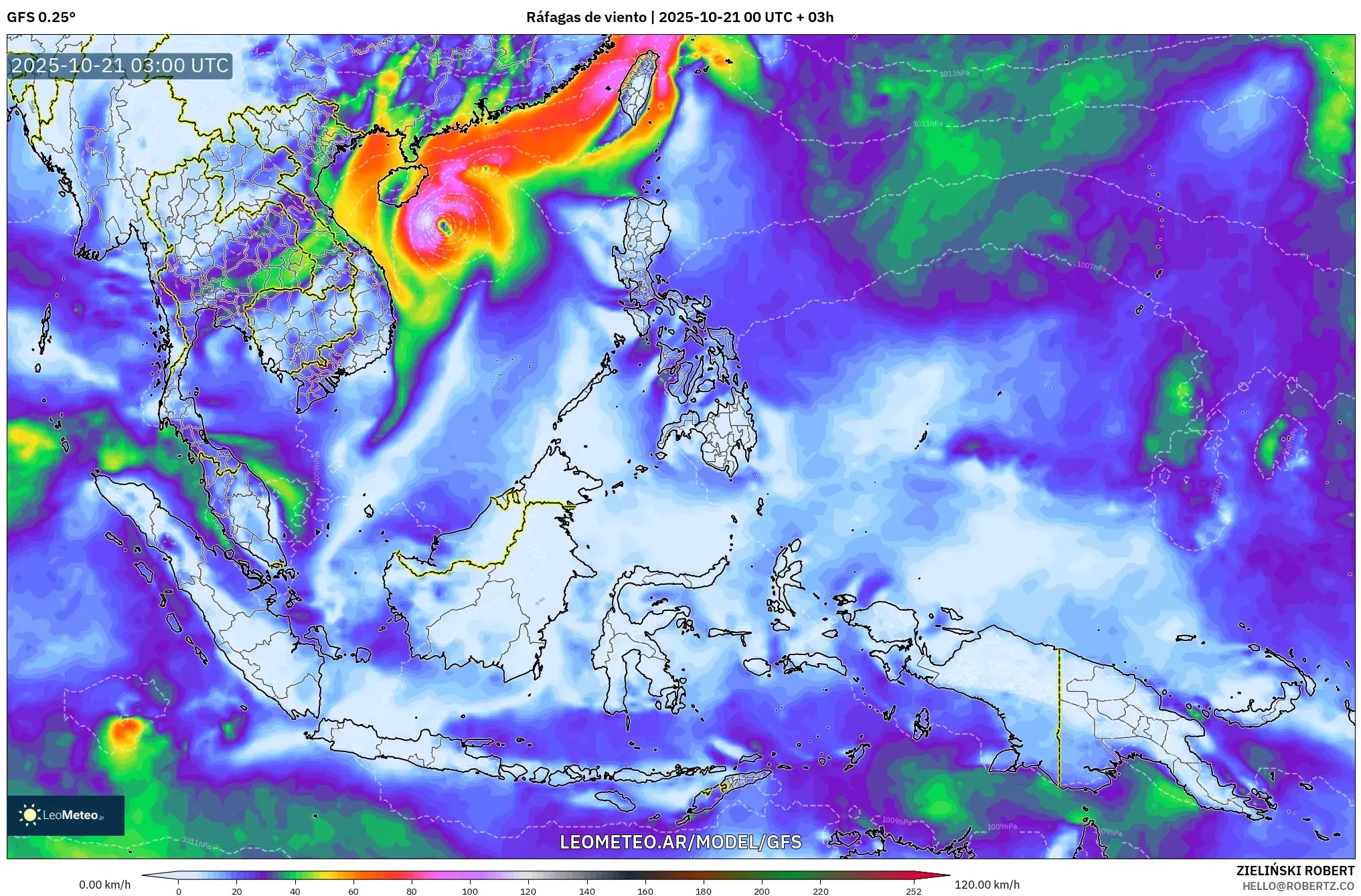 GFS model - Sudeste Asiático, Ráfagas de viento GFS model - Sudeste Asiático, Ráfagas de viento