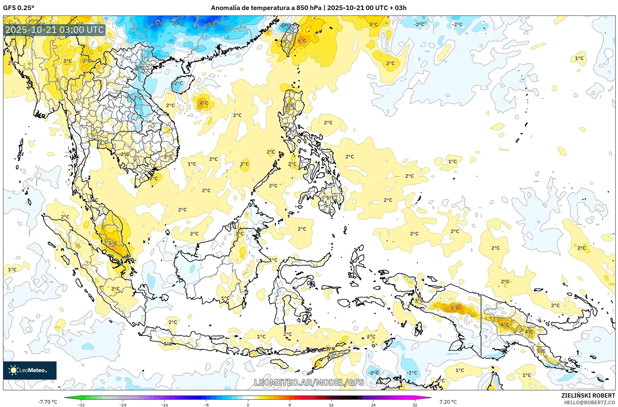 GFS model - Sudeste Asiático, Anomalía de temperatura a 850 hPa