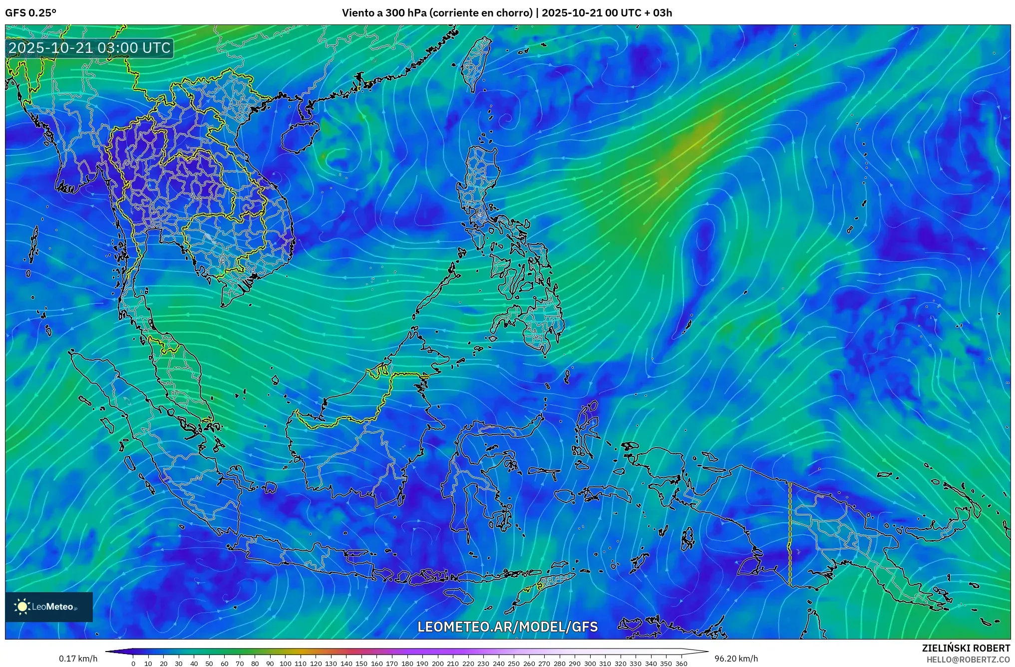 GFS model - Sudeste Asiático, Viento a 300 hPa (corriente en chorro)
