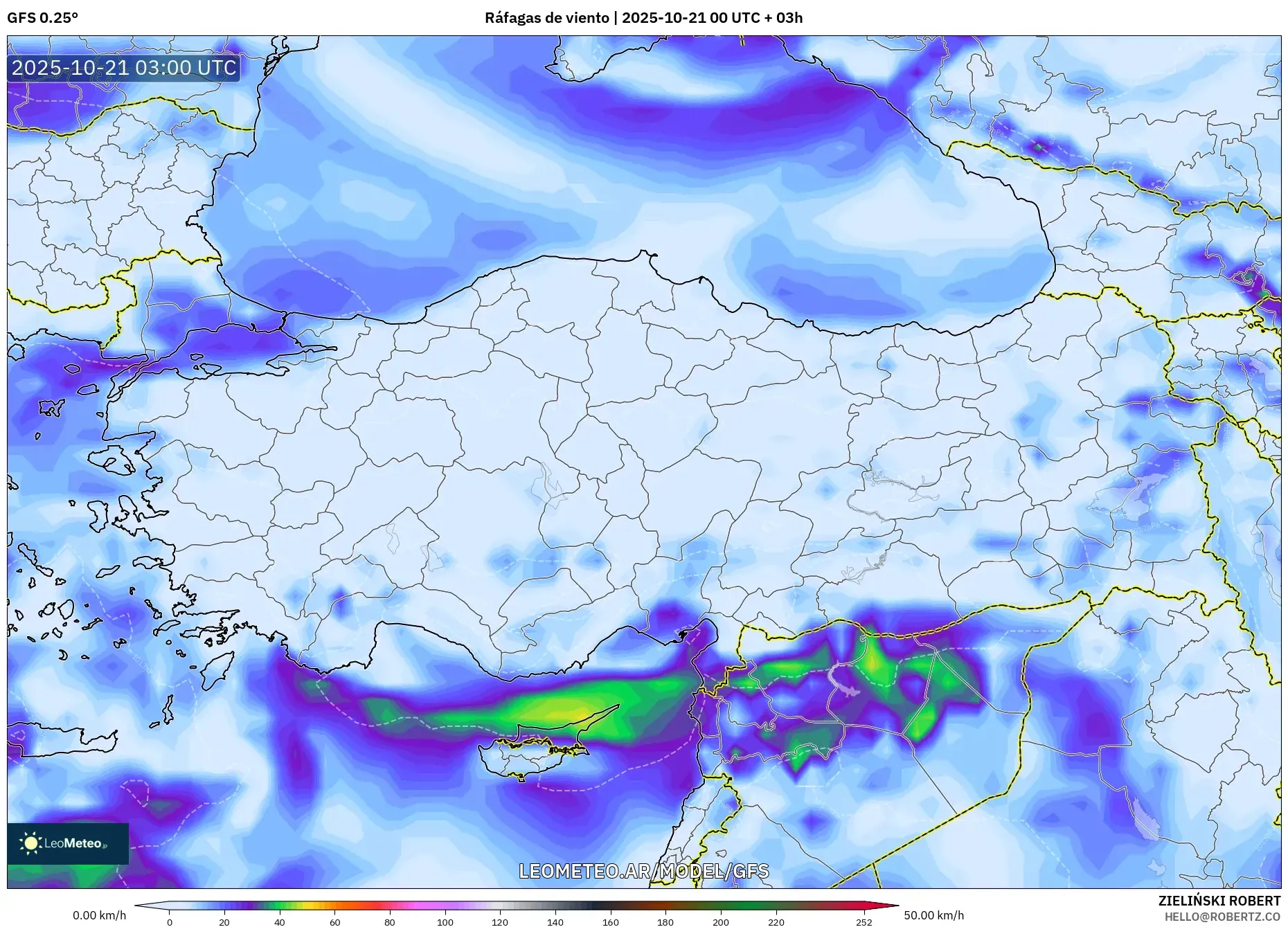 GFS model - Turquía, Ráfagas de viento GFS model - Turquía, Ráfagas de viento