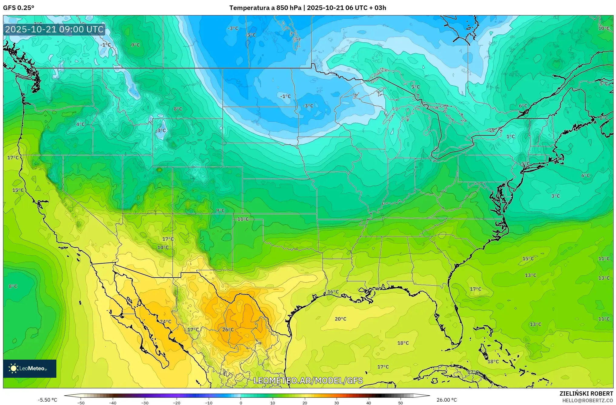 GFS model - Estados Unidos, Temperatura a 850 hPa GFS model - Estados Unidos, Temperatura a 850 hPa