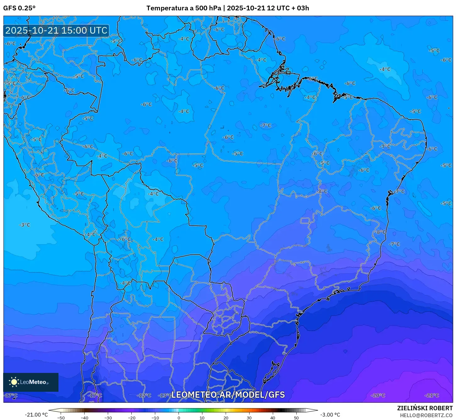 GFS model - Brasil, Temperatura a 500 hPa GFS model - Brasil, Temperatura a 500 hPa