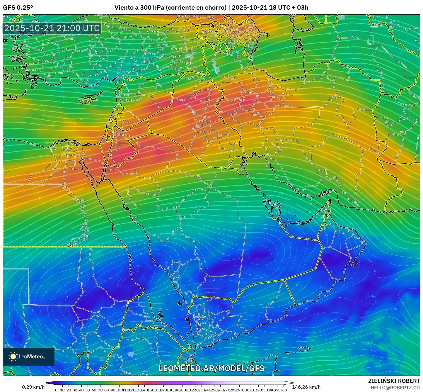 GFS model - Oriente Medio, Viento a 300 hPa (corriente en chorro) GFS model - Oriente Medio, Viento a 300 hPa (corriente en chorro)