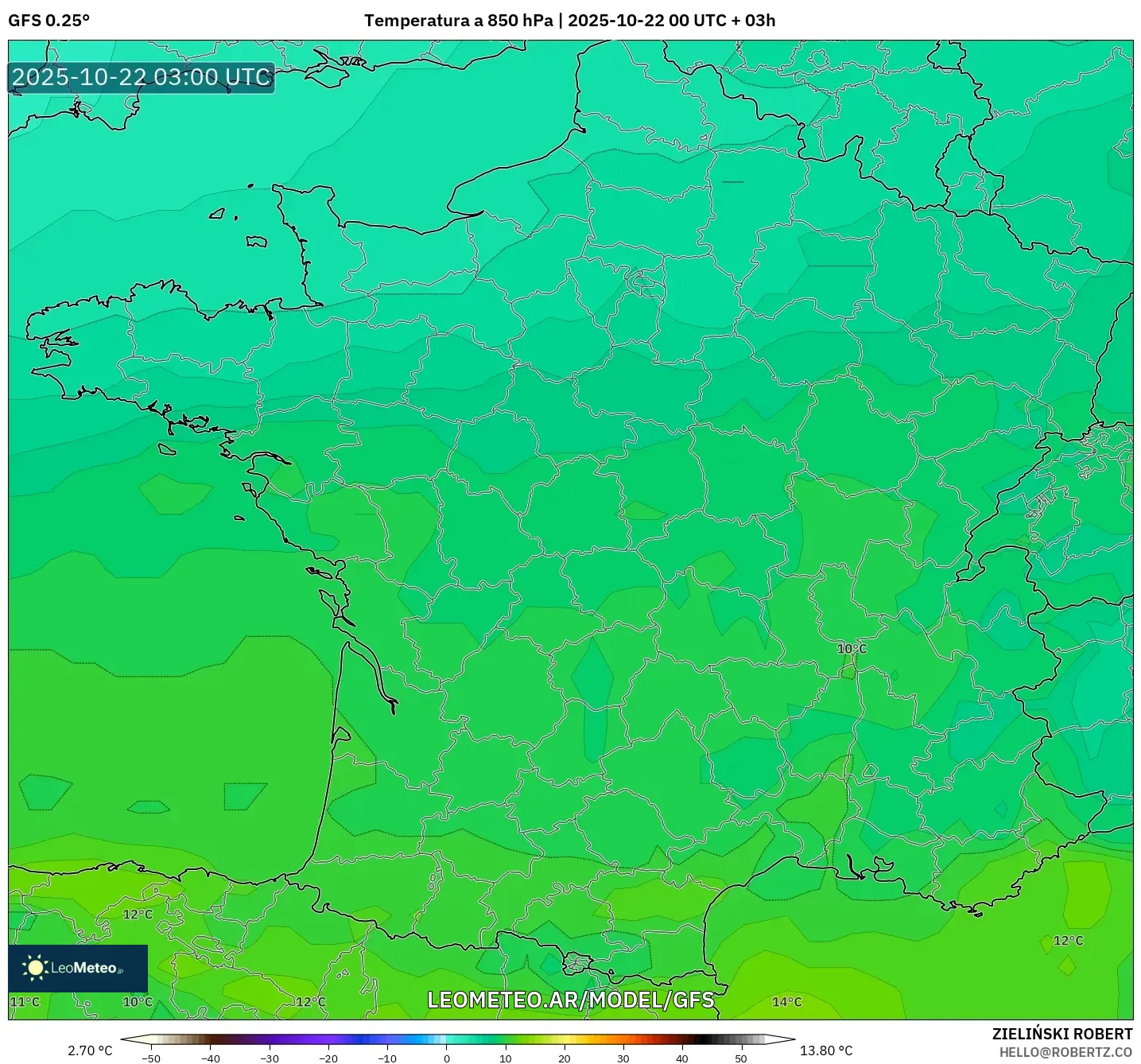 GFS model - Francia, Temperatura a 850 hPa