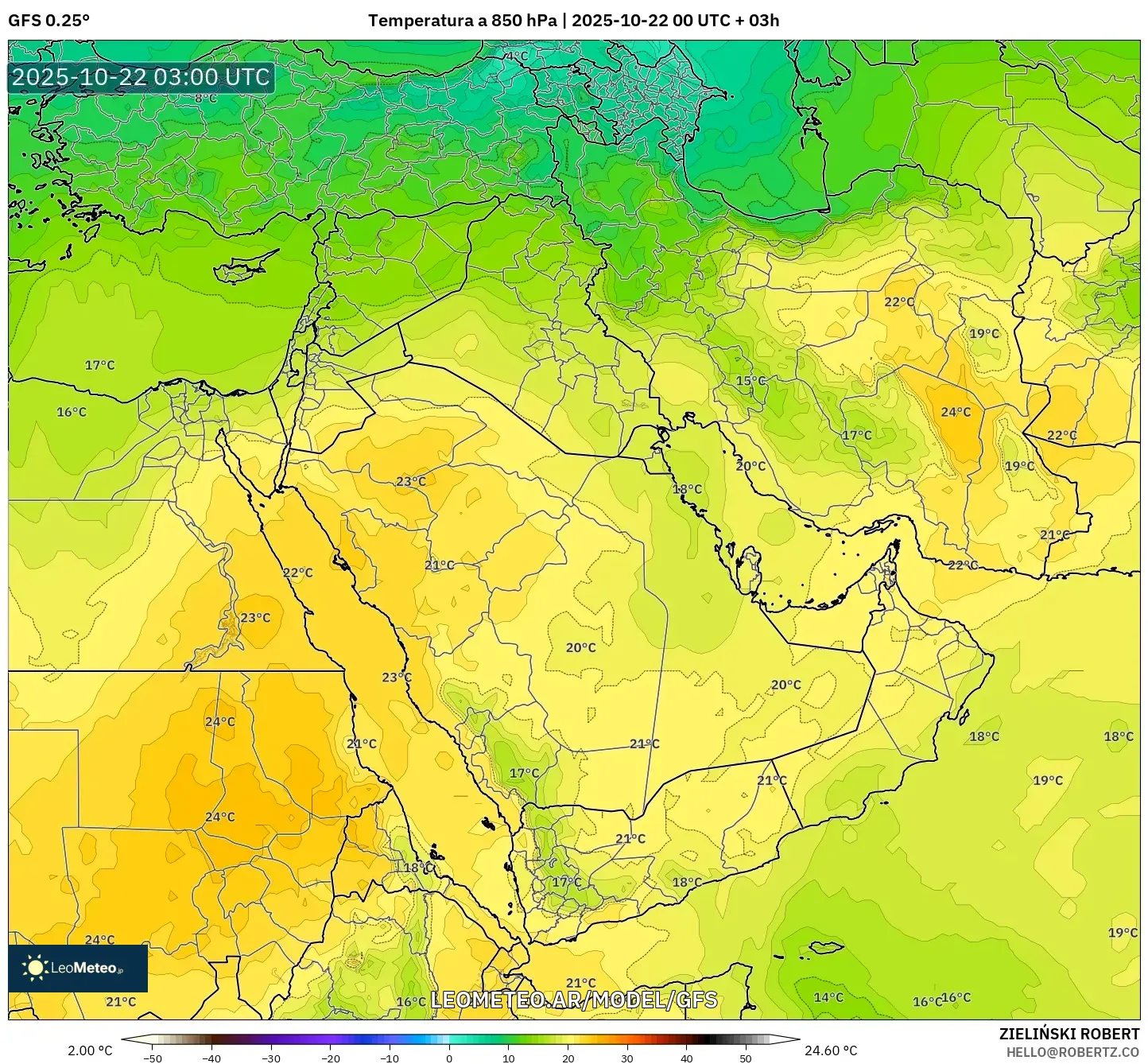 GFS model - Oriente Medio, Temperatura a 850 hPa GFS model - Oriente Medio, Temperatura a 850 hPa
