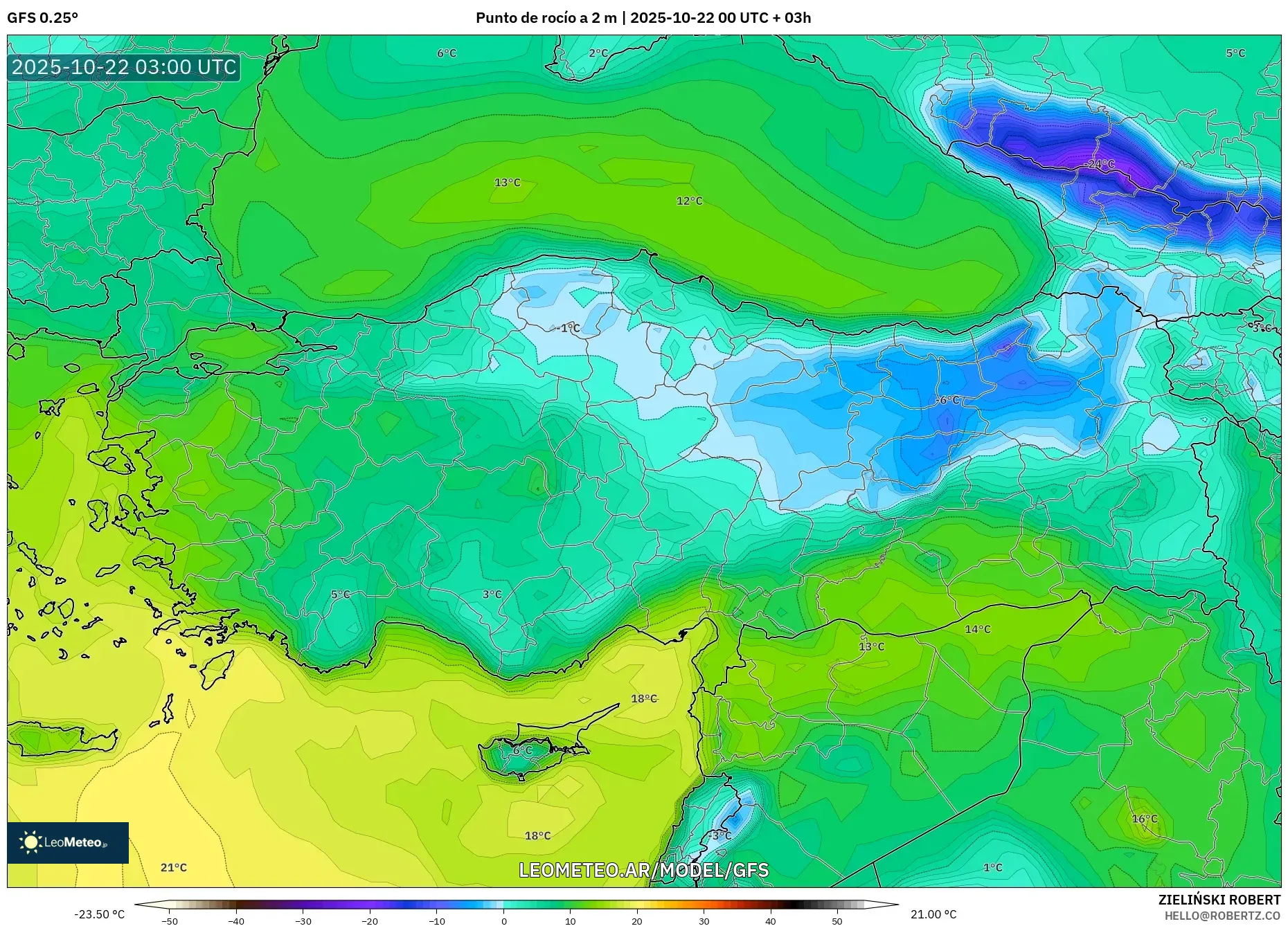 GFS model - Turquía, Punto de rocío a 2 m GFS model - Turquía, Punto de rocío a 2 m