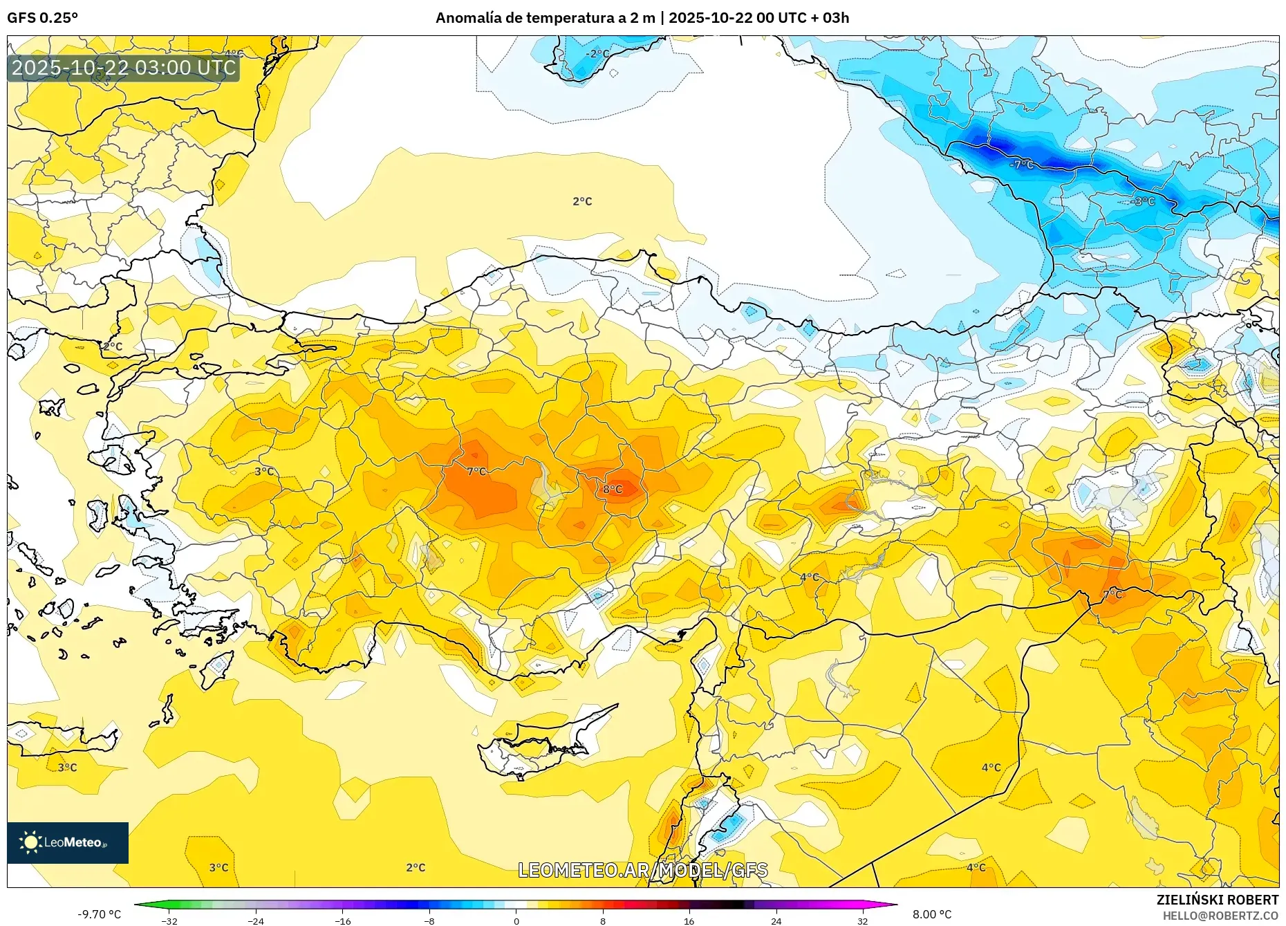 GFS model - Turquía, Anomalía de temperatura a 2 m GFS model - Turquía, Anomalía de temperatura a 2 m