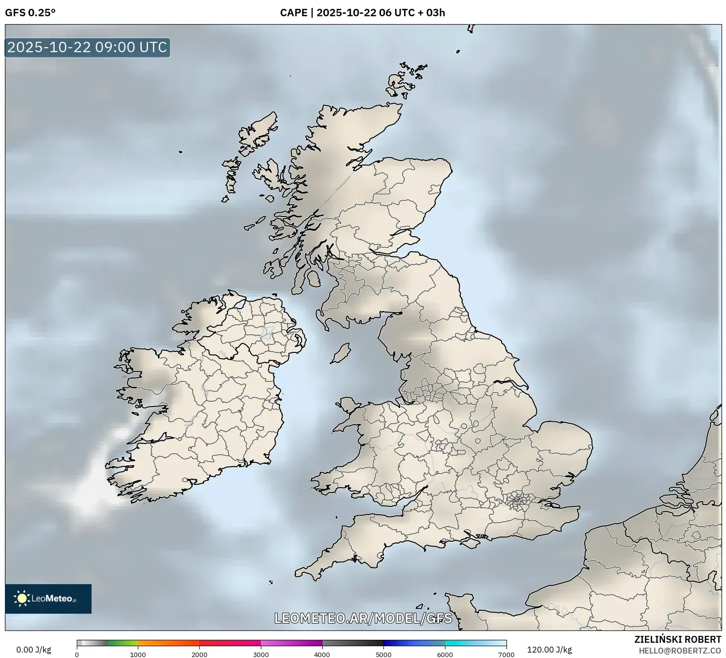 GFS model - Reino Unido, CAPE GFS model - Reino Unido, CAPE