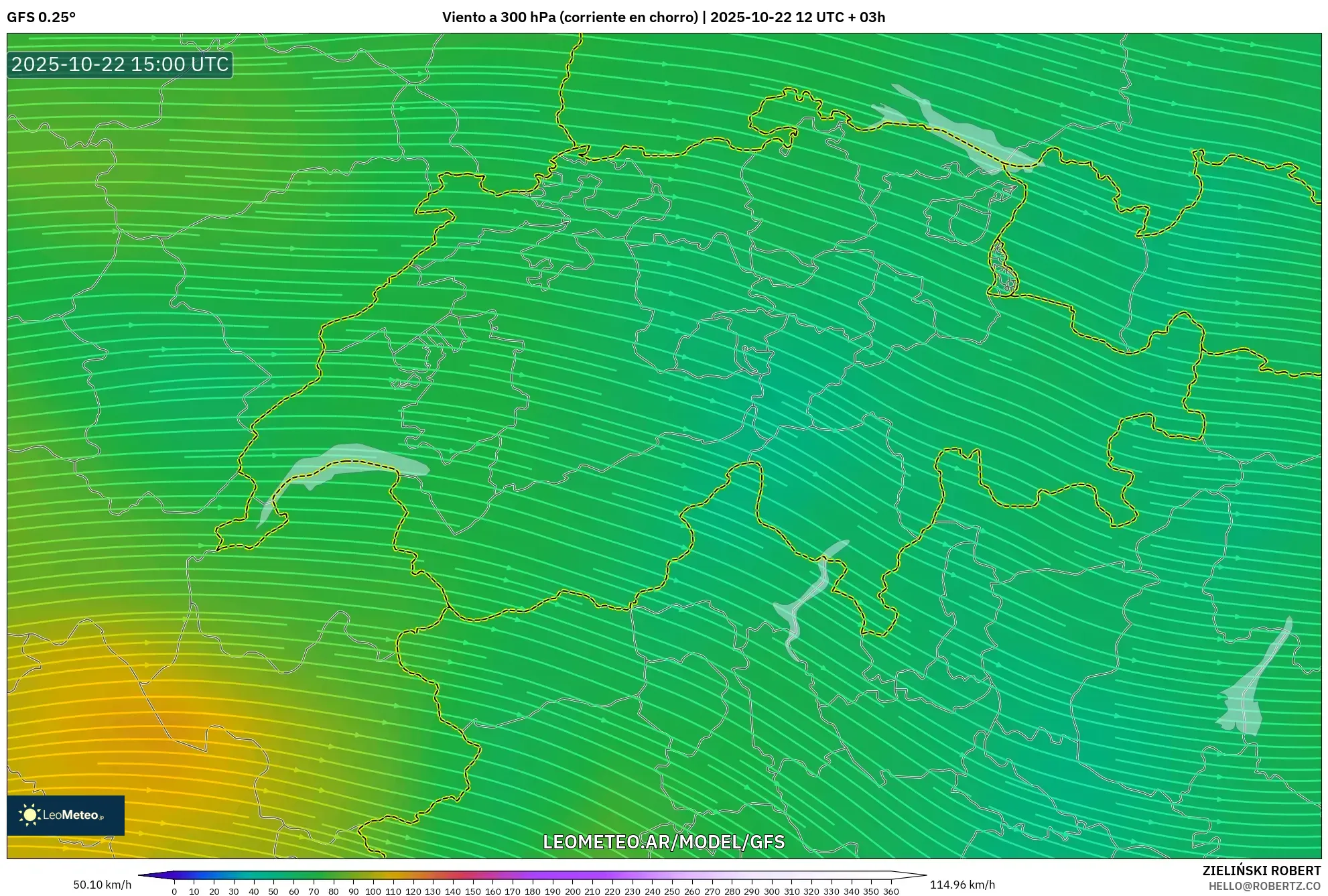 GFS model - Suiza, Viento a 300 hPa (corriente en chorro) GFS model - Suiza, Viento a 300 hPa (corriente en chorro)