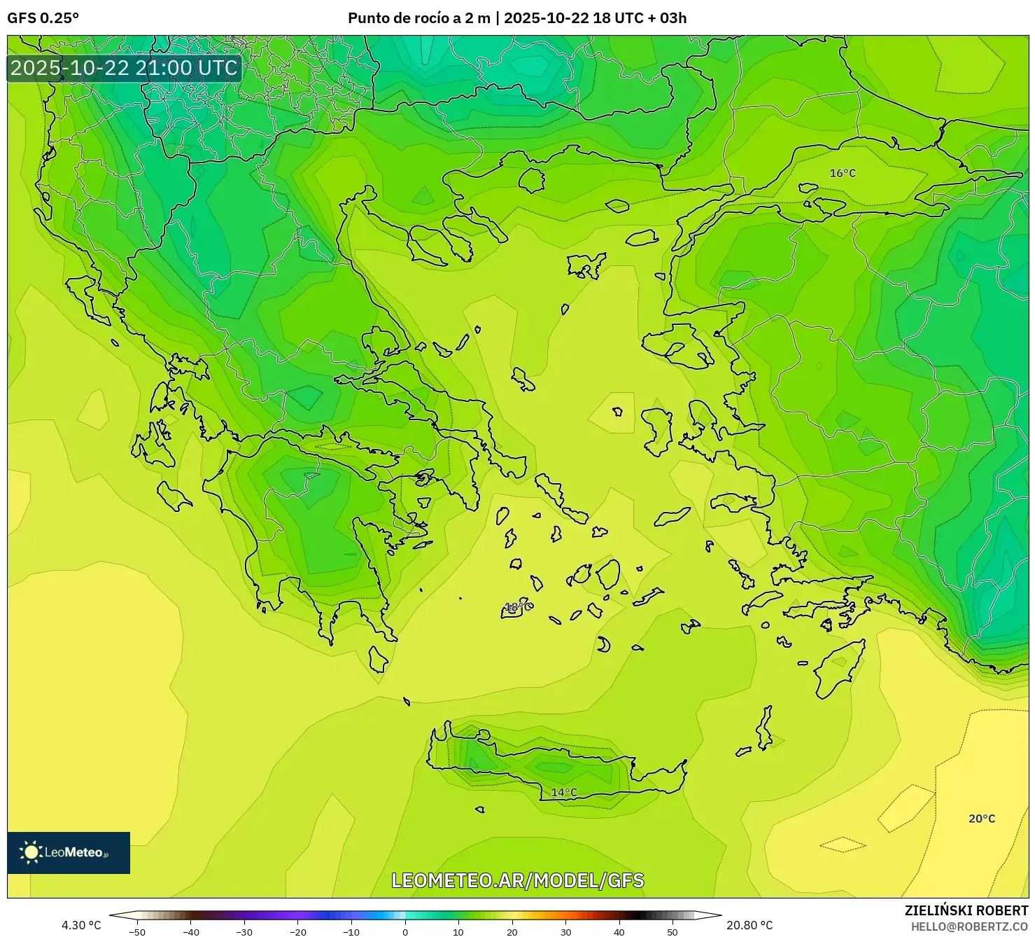 GFS model - Grecia, Punto de rocío a 2 m GFS model - Grecia, Punto de rocío a 2 m