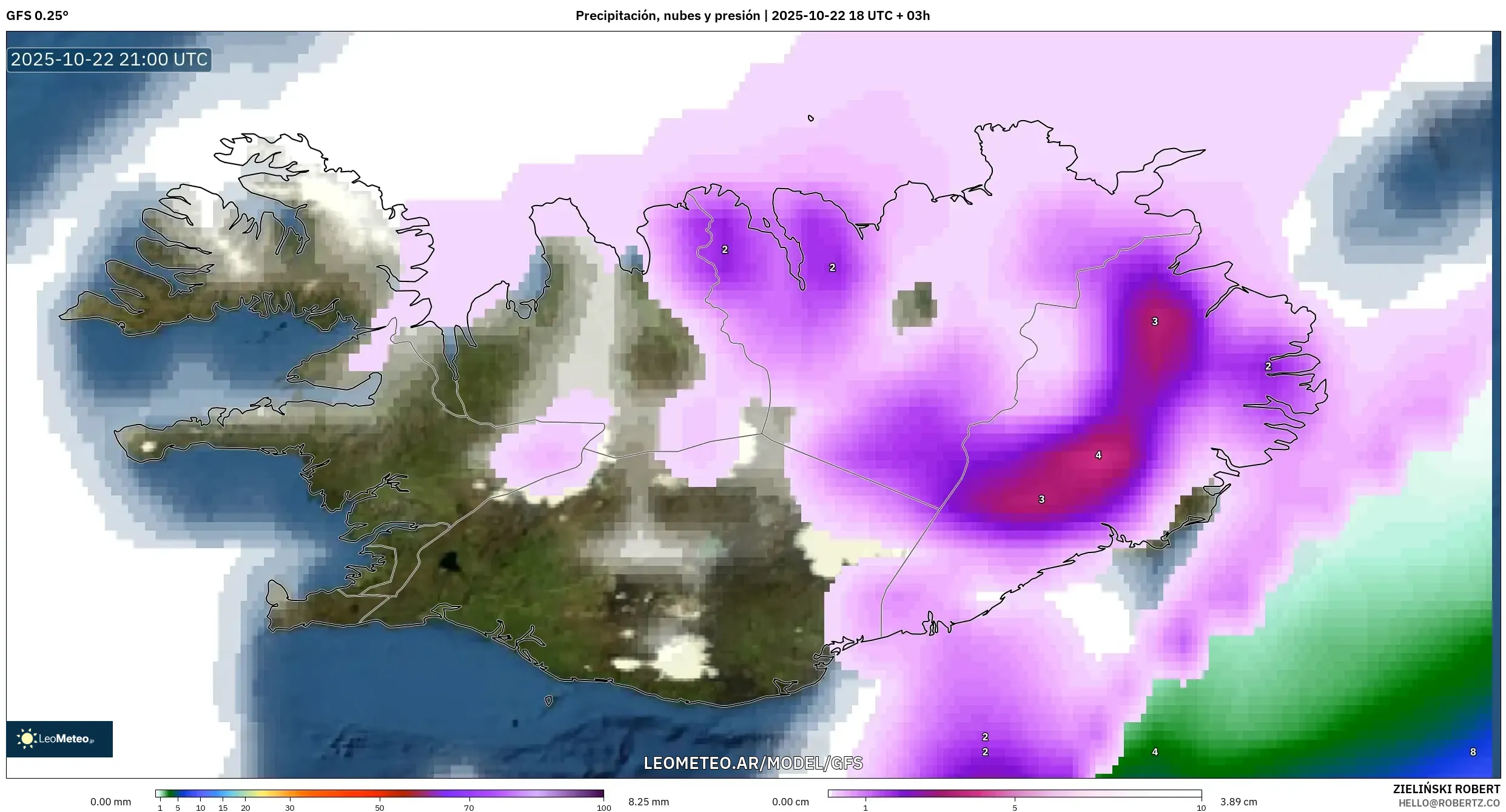 GFS model - Islandia, Precipitación, nubes y presión GFS model - Islandia, Precipitación, nubes y presión