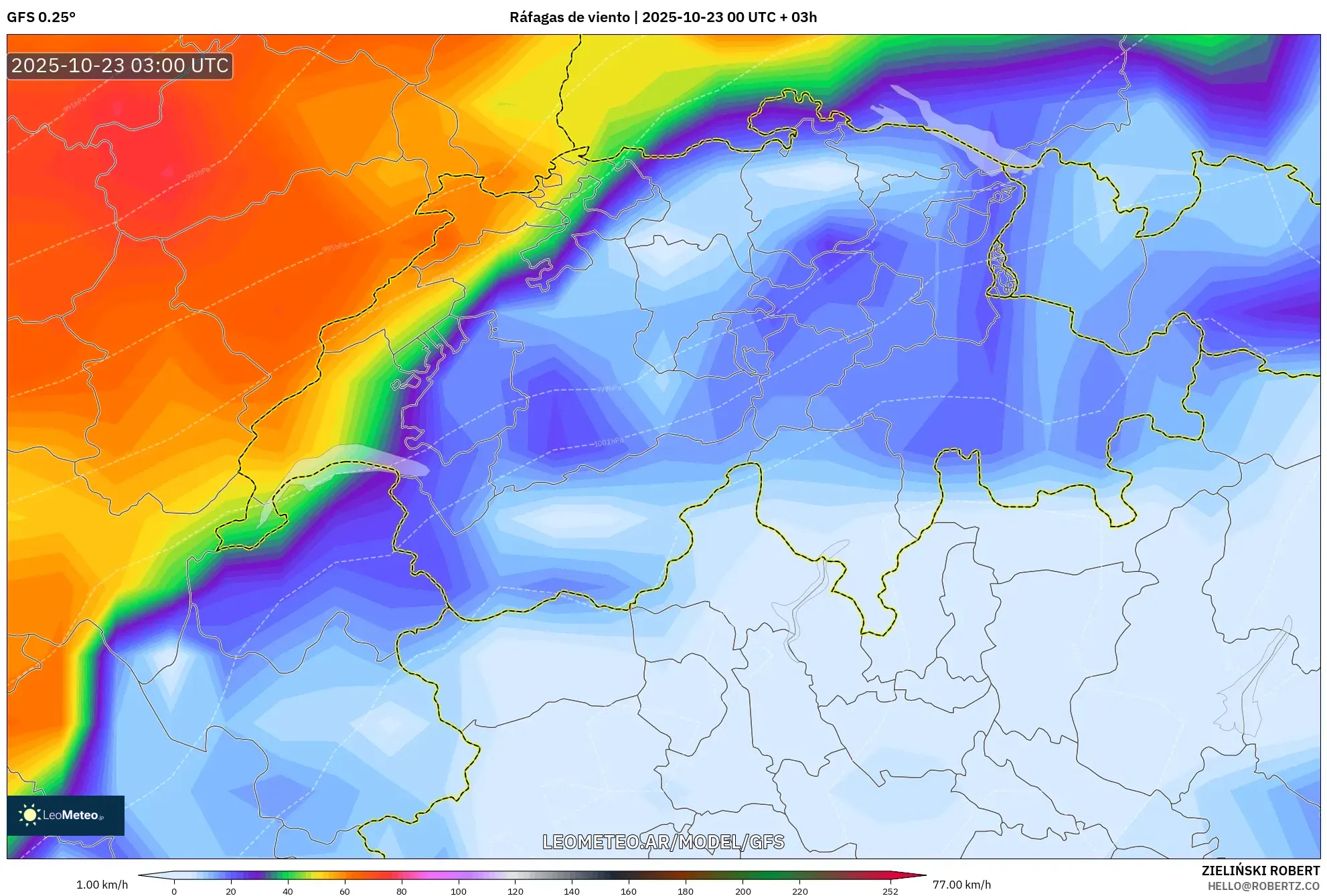 GFS model - Suiza, Ráfagas de viento GFS model - Suiza, Ráfagas de viento