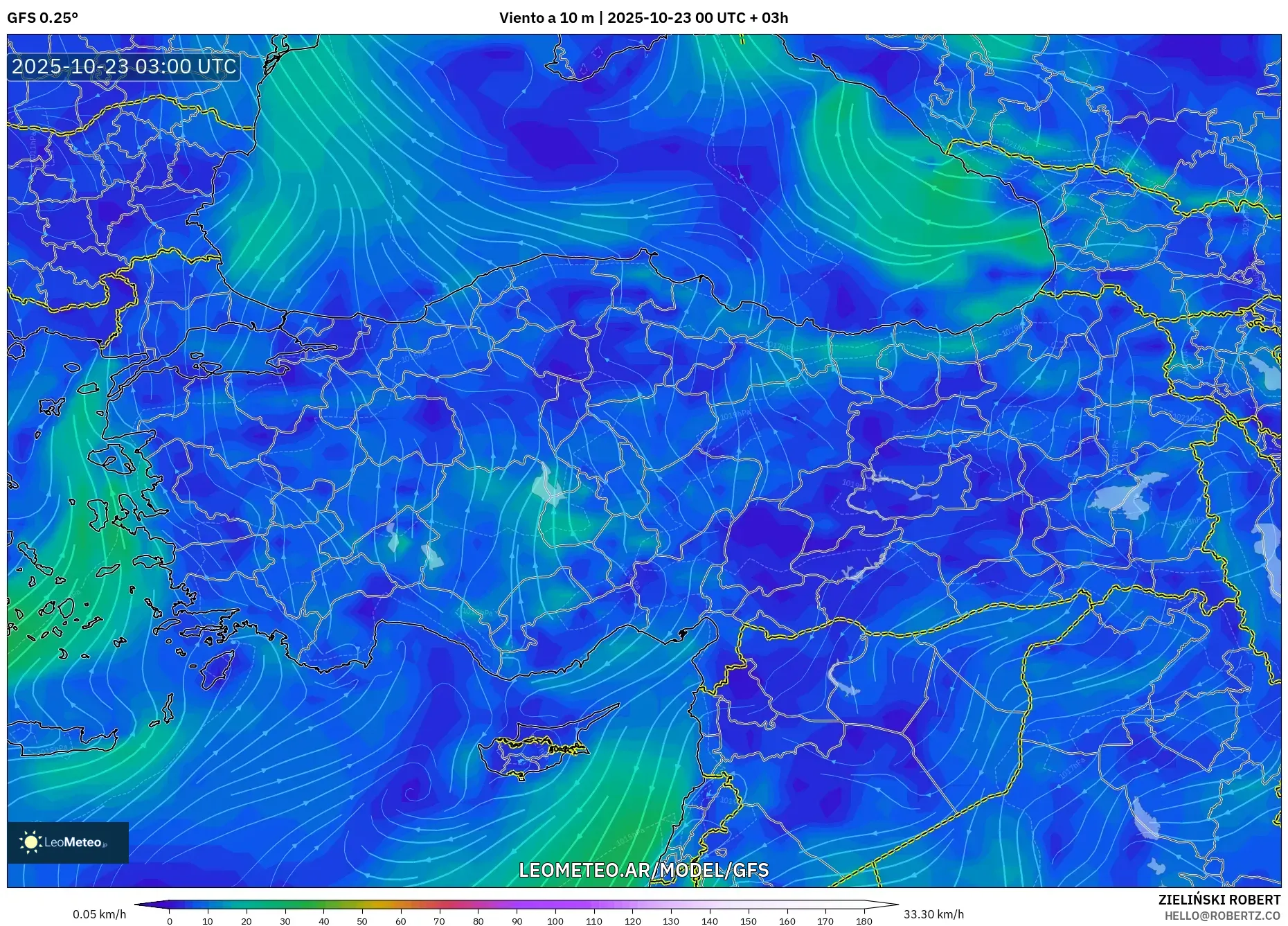 GFS model - Turquía, Viento a 10 m GFS model - Turquía, Viento a 10 m