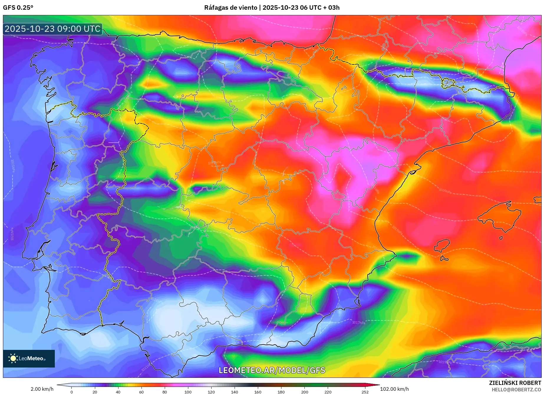 GFS model - España, Ráfagas de viento GFS model - España, Ráfagas de viento