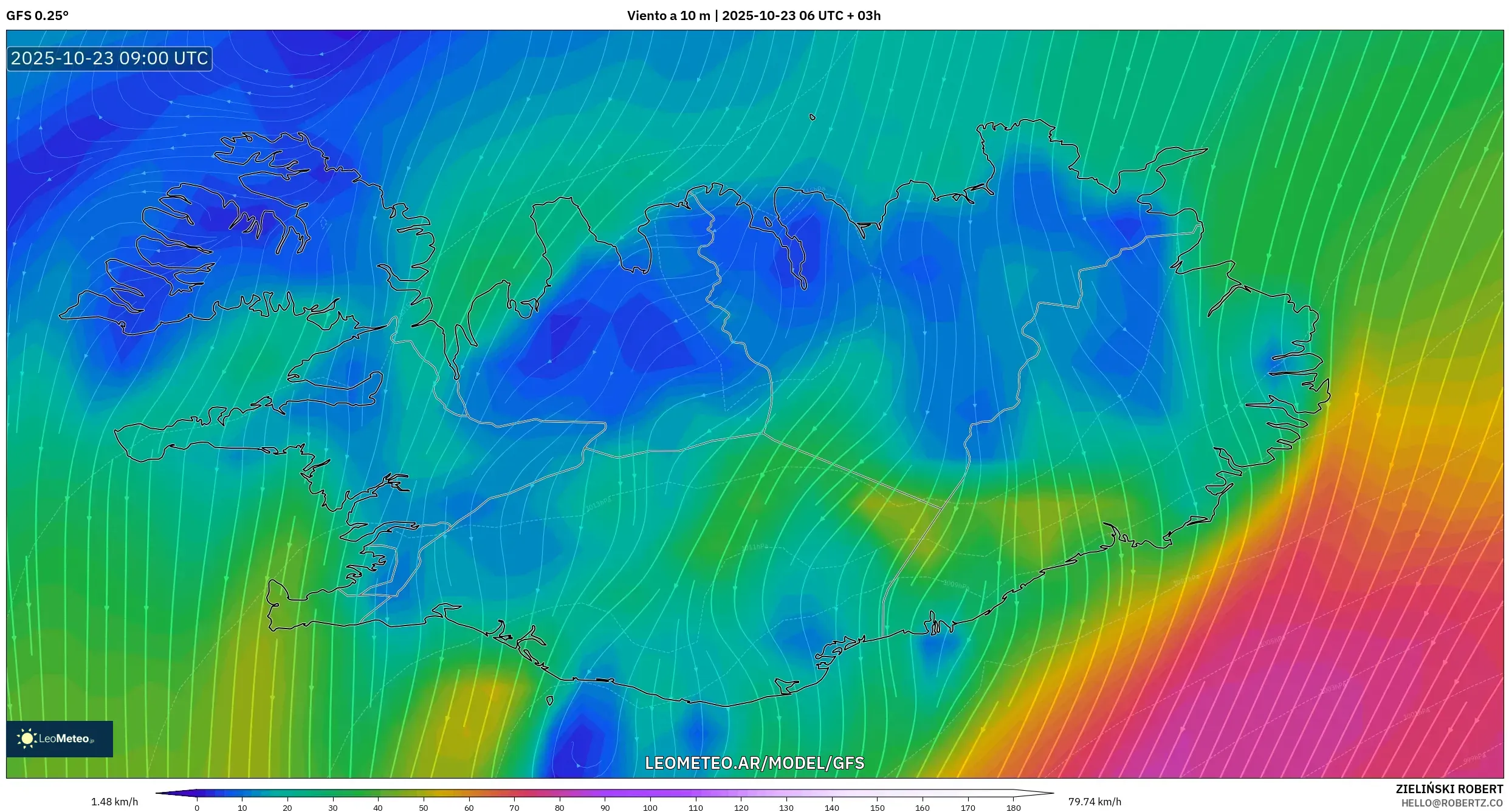 GFS model - Islandia, Viento a 10 m GFS model - Islandia, Viento a 10 m