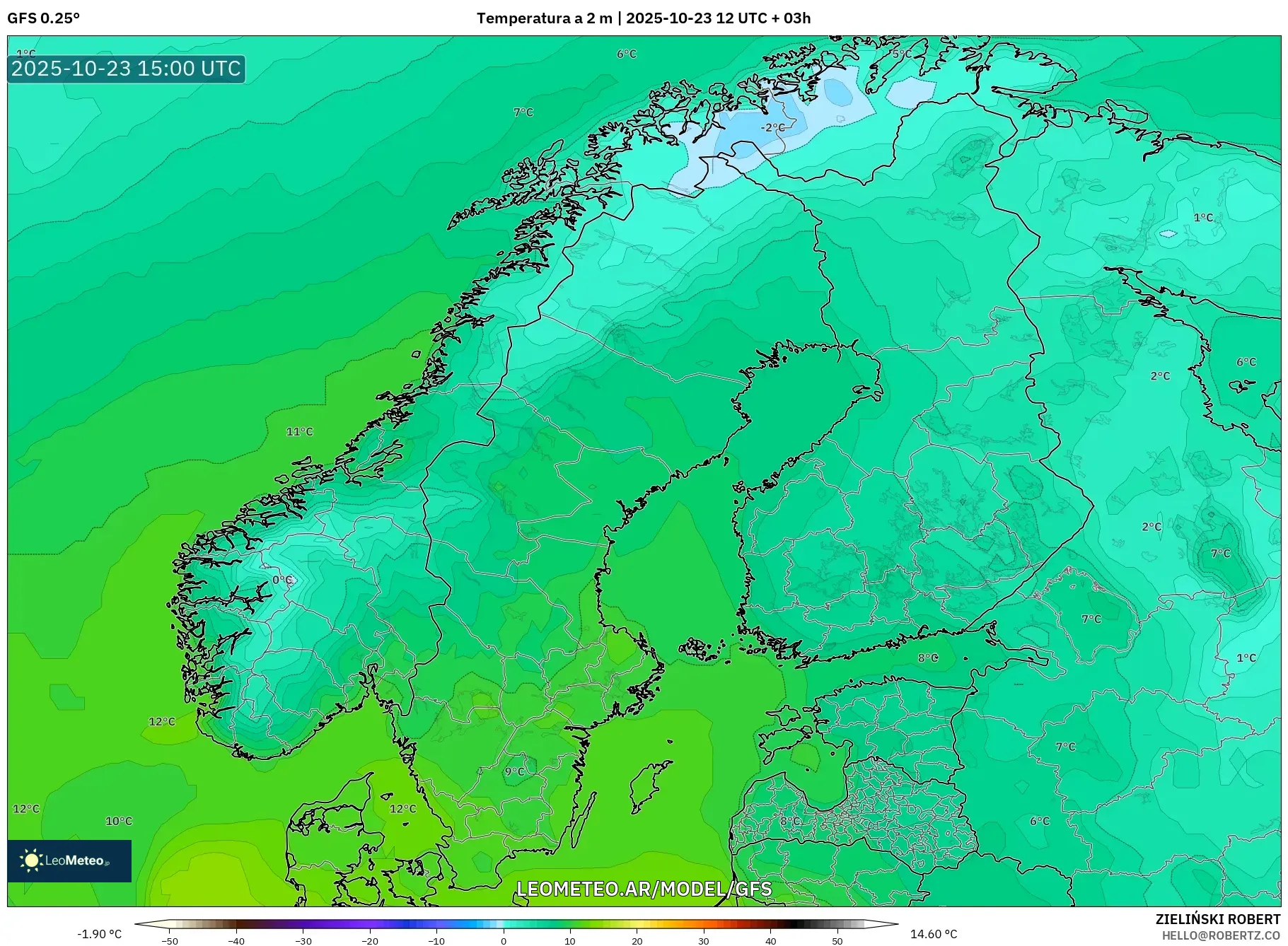 GFS model - Escandinavia, Temperatura a 2 m GFS model - Escandinavia, Temperatura a 2 m