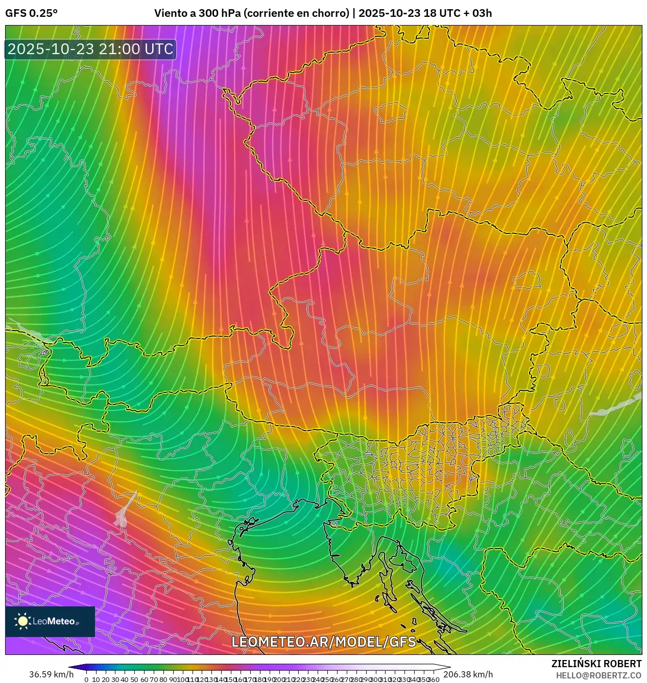 GFS model - Austria, Viento a 300 hPa (corriente en chorro) GFS model - Austria, Viento a 300 hPa (corriente en chorro)