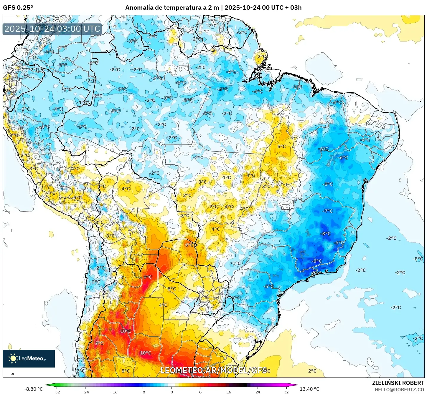 GFS model - Brasil, Anomalía de temperatura a 2 m GFS model - Brasil, Anomalía de temperatura a 2 m