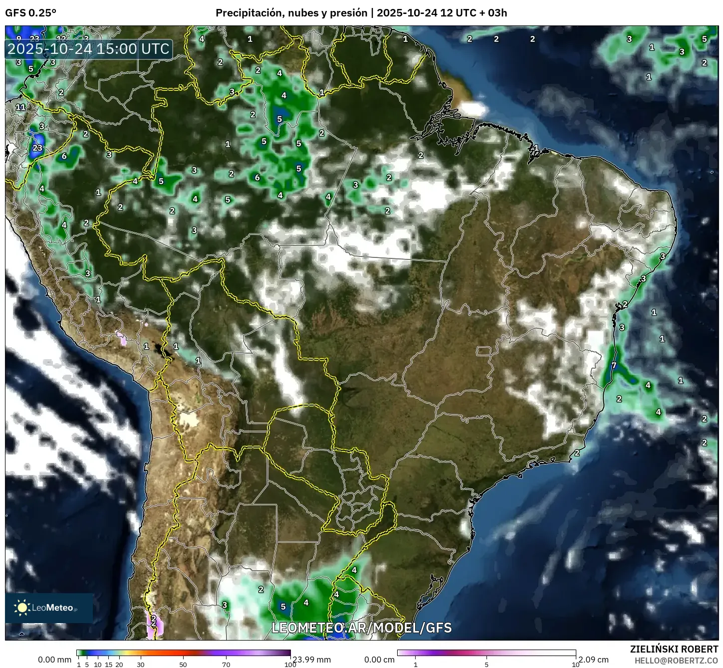 GFS model - Brasil, Precipitación, nubes y presión GFS model - Brasil, Precipitación, nubes y presión