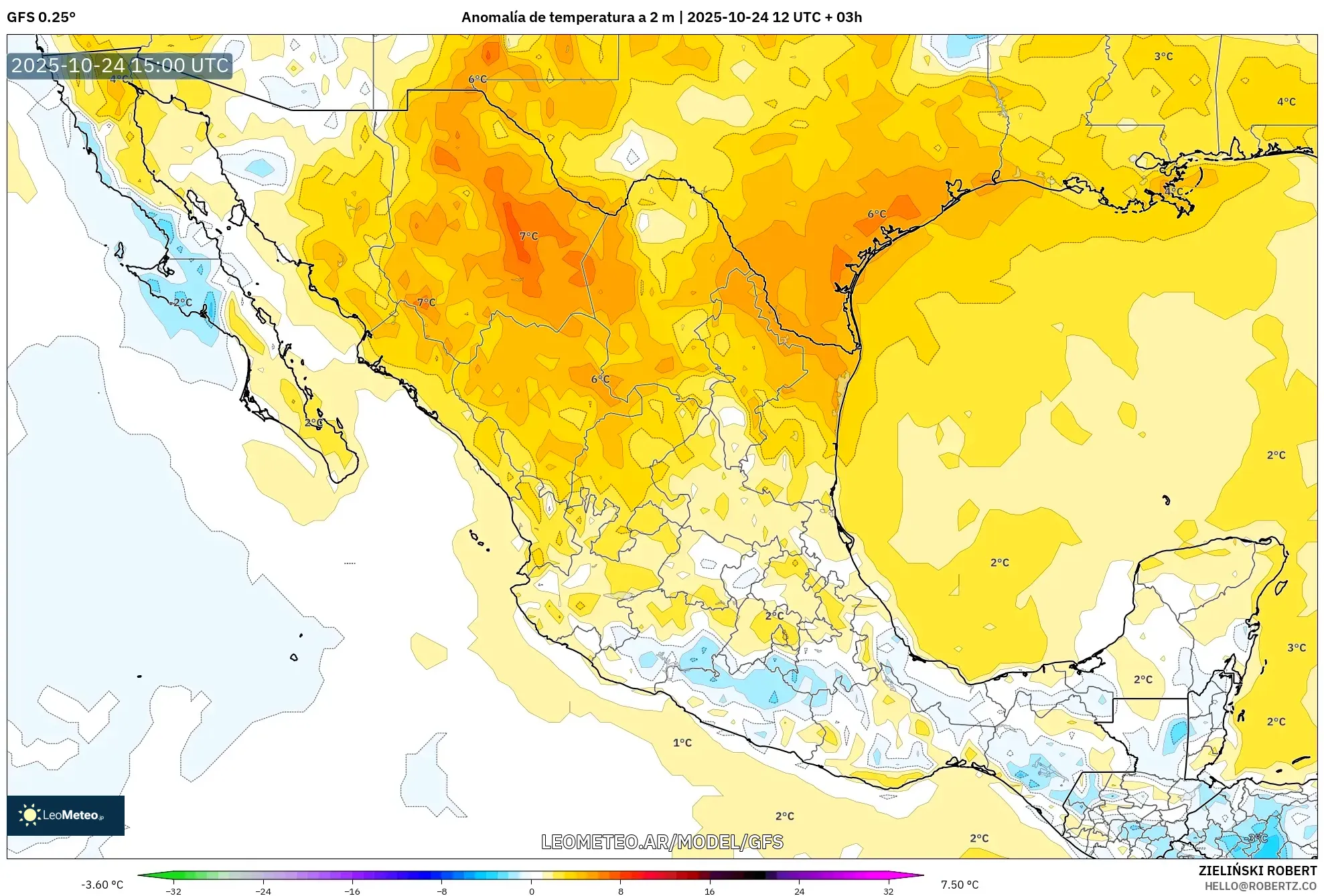 GFS model - México, Anomalía de temperatura a 2 m GFS model - México, Anomalía de temperatura a 2 m