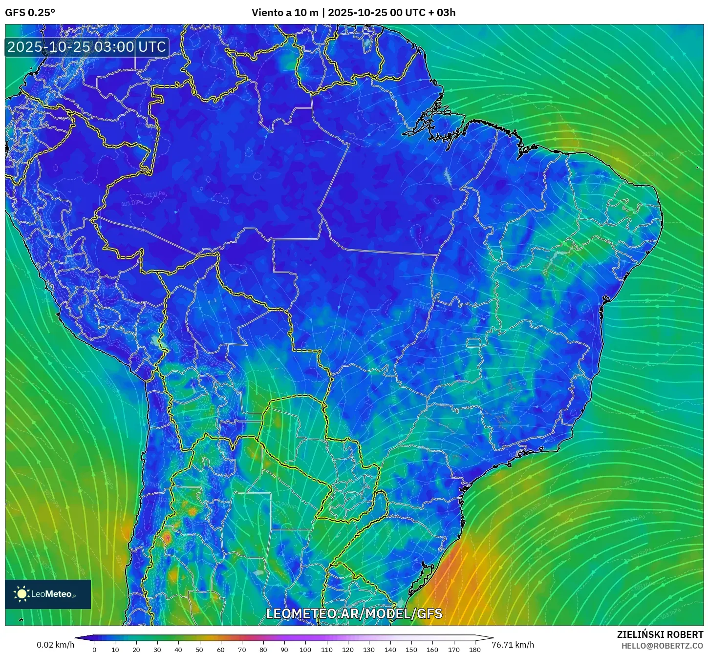 GFS model - Brasil, Viento a 10 m GFS model - Brasil, Viento a 10 m