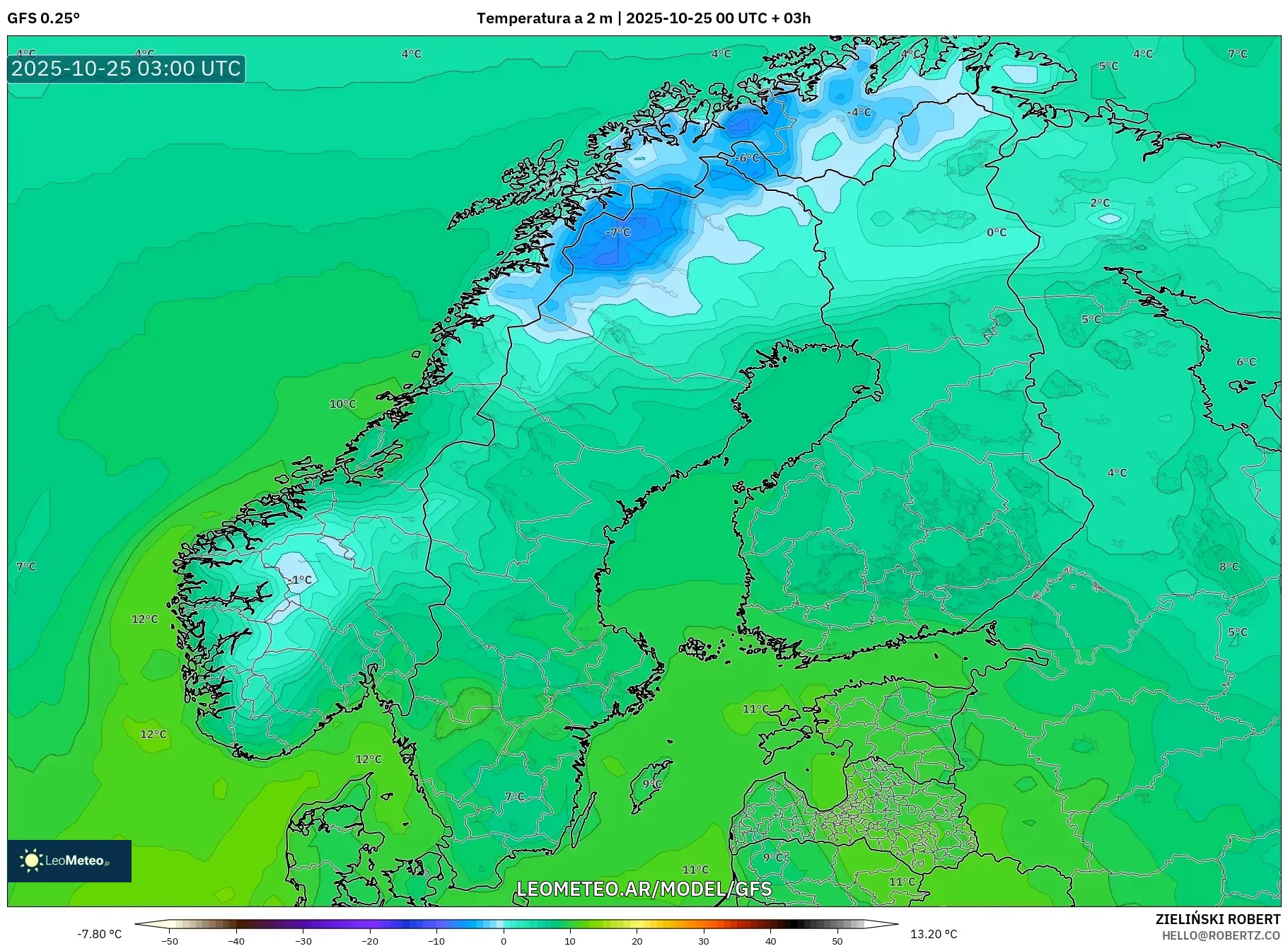GFS model - Escandinavia, Temperatura a 2 m GFS model - Escandinavia, Temperatura a 2 m