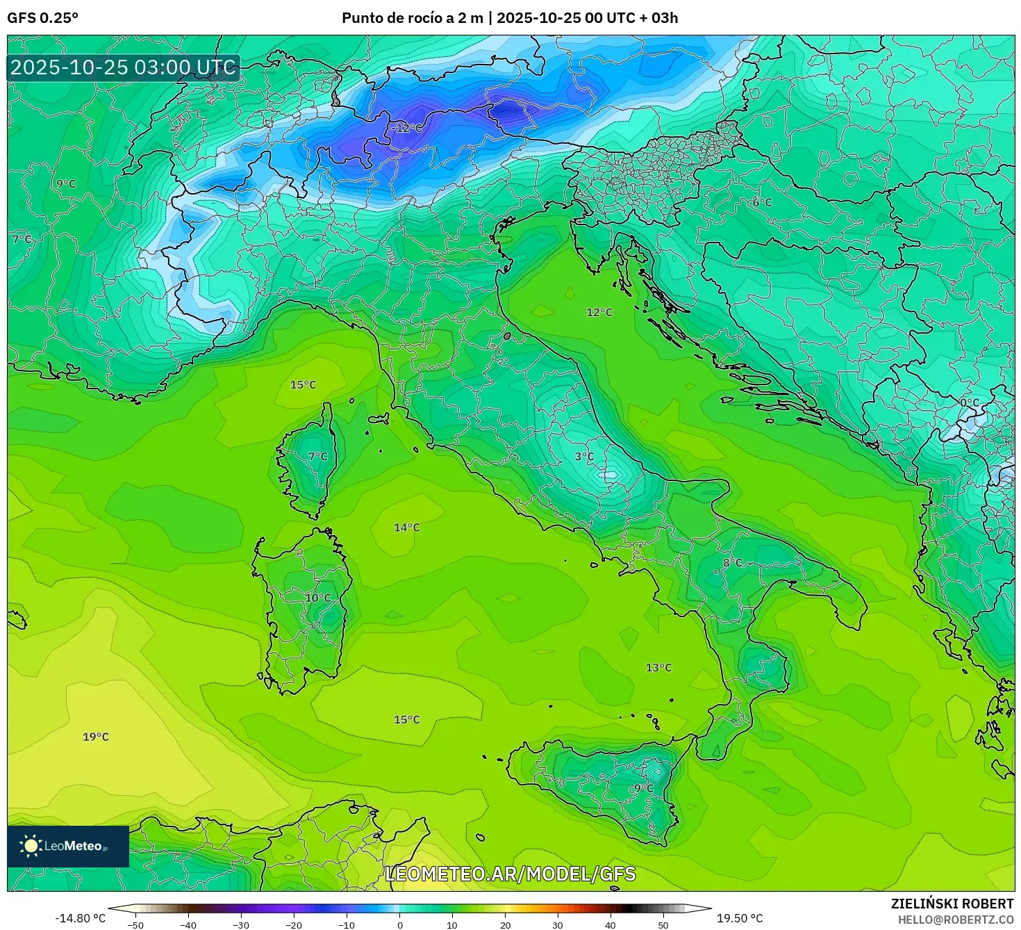 GFS model - Italia, Punto de rocío a 2 m GFS model - Italia, Punto de rocío a 2 m
