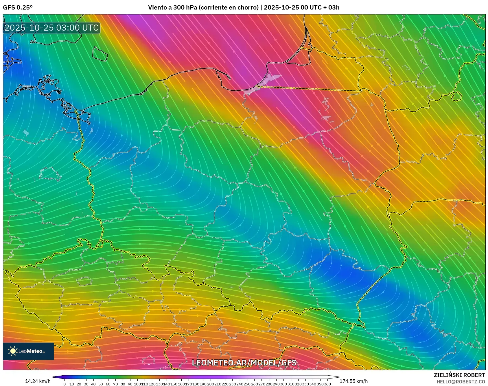 GFS model - Polonia, Viento a 300 hPa (corriente en chorro) GFS model - Polonia, Viento a 300 hPa (corriente en chorro)