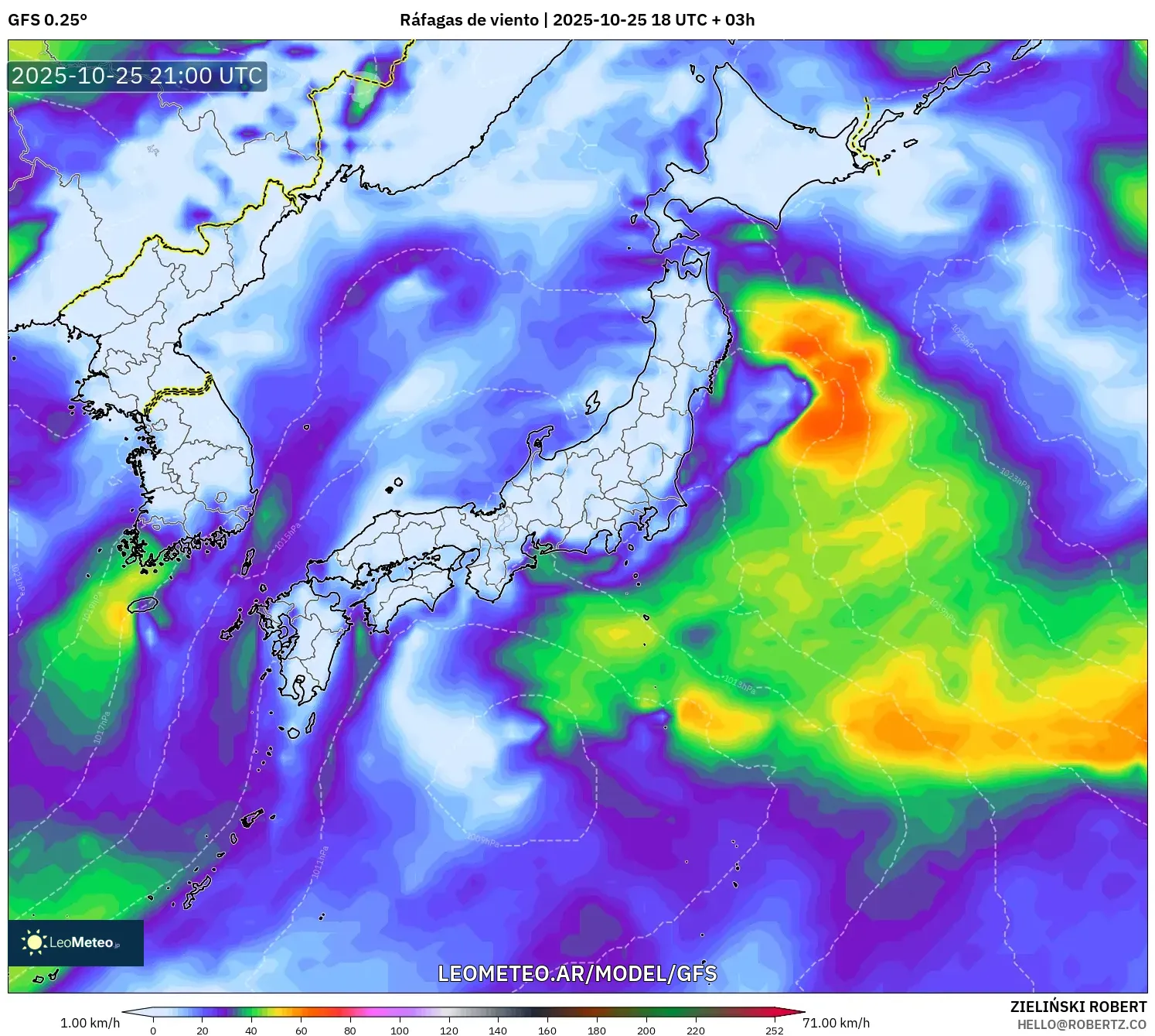 GFS model - Japón, Ráfagas de viento GFS model - Japón, Ráfagas de viento