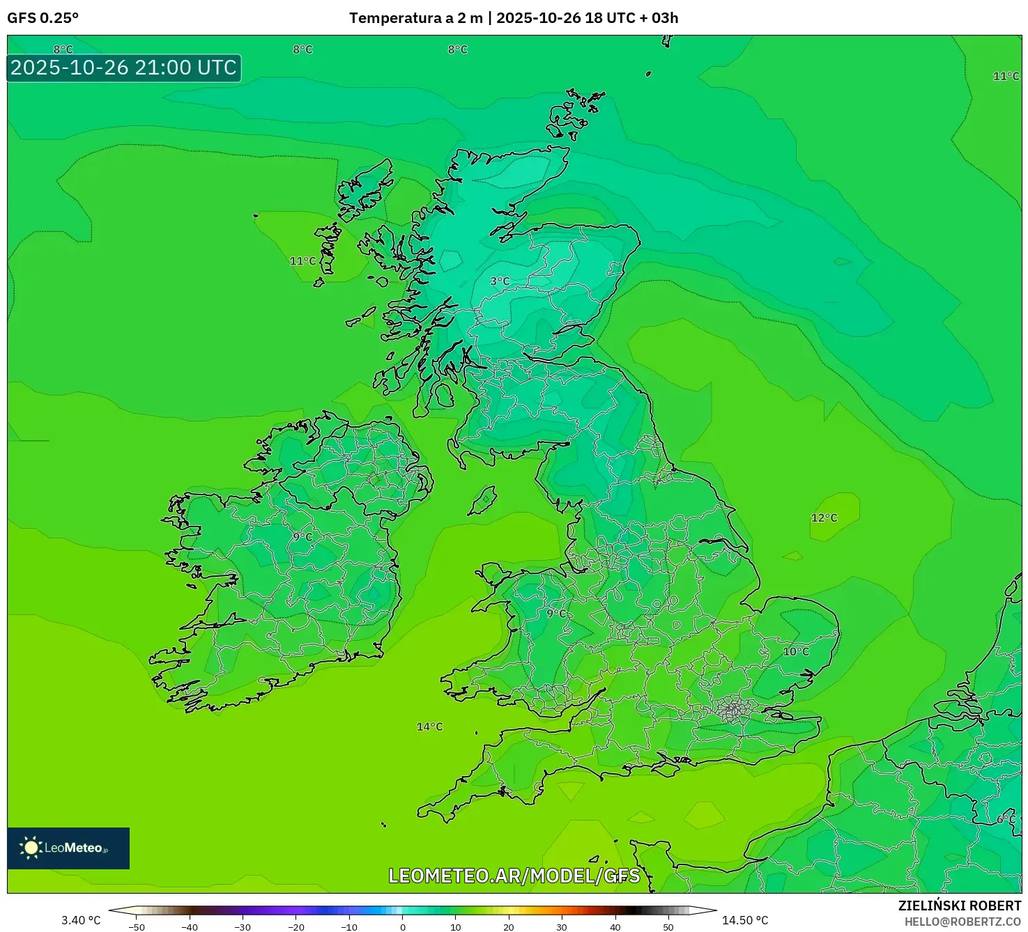 GFS model - Reino Unido, Temperatura a 2 m GFS model - Reino Unido, Temperatura a 2 m