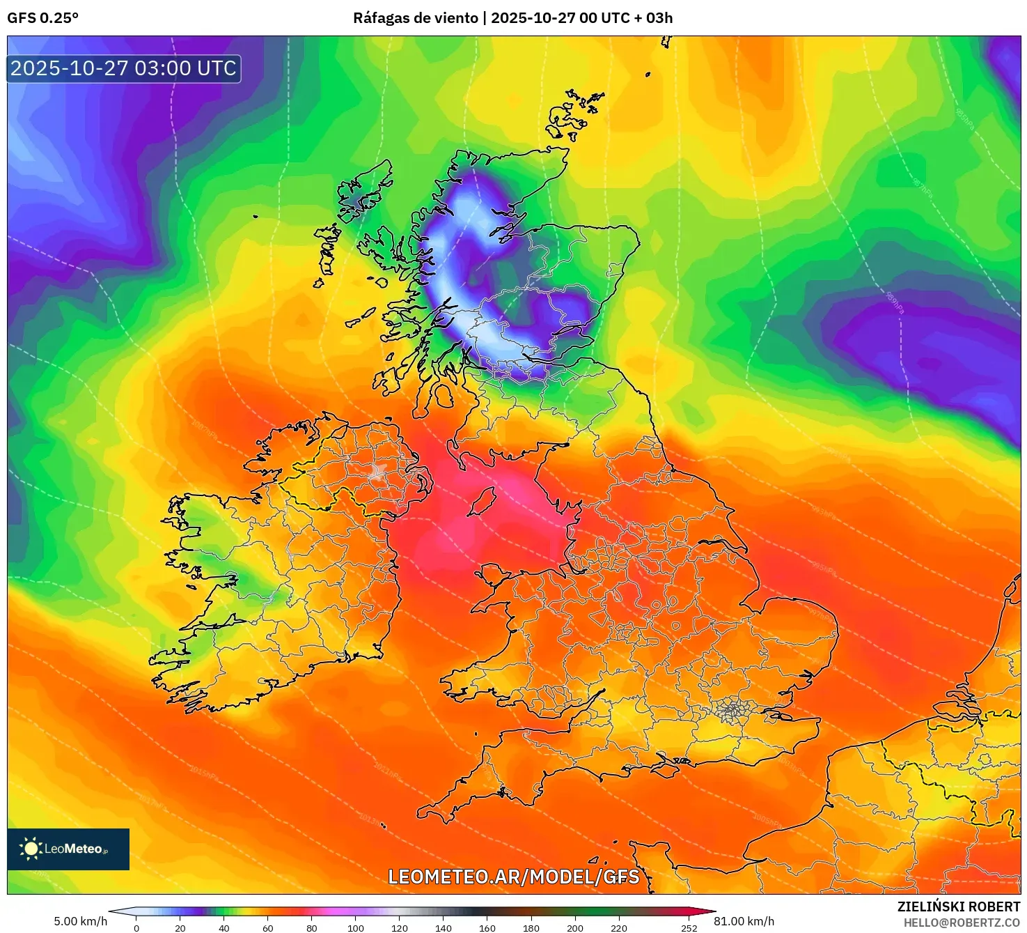 GFS model - Reino Unido, Ráfagas de viento GFS model - Reino Unido, Ráfagas de viento