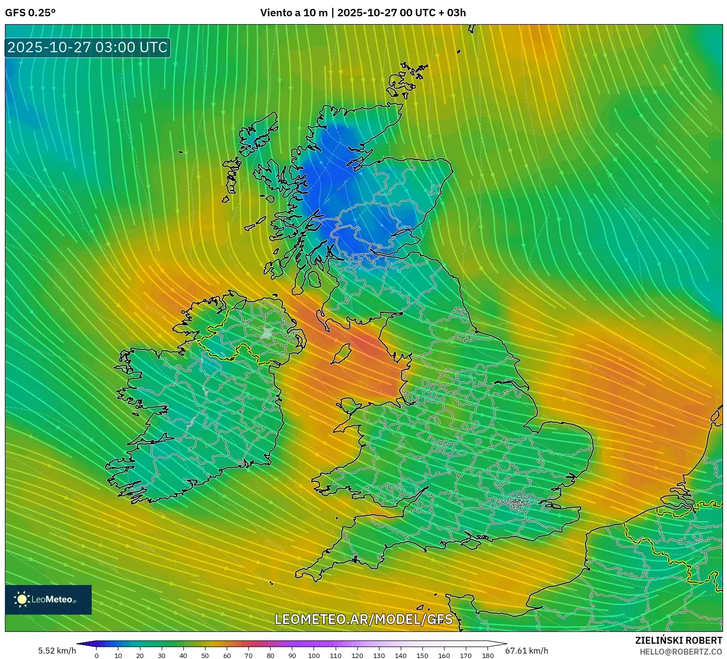GFS model - Reino Unido, Viento a 10 m GFS model - Reino Unido, Viento a 10 m